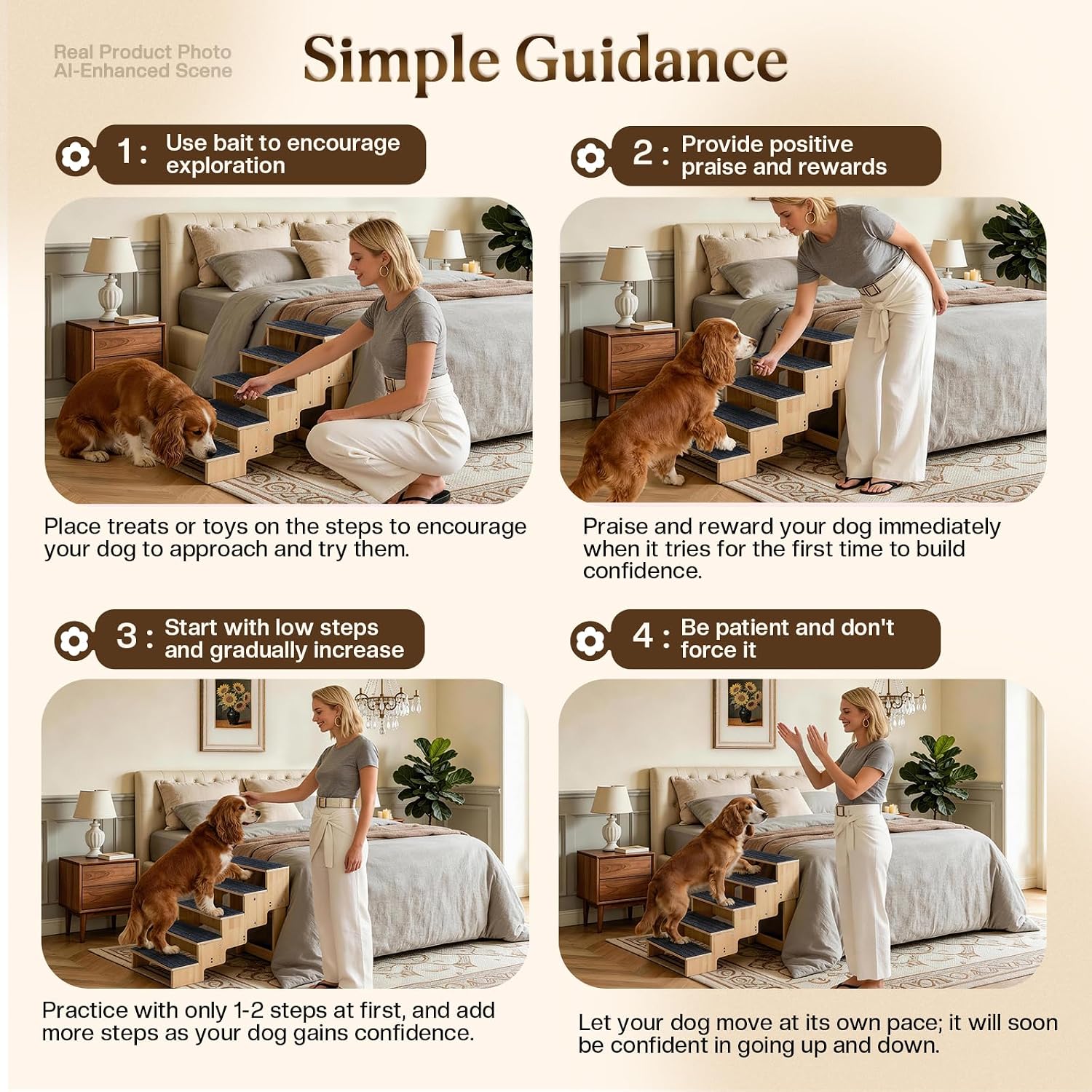 5-Step Wooden Dog Steps for Bed, Anti-Slip Dog Stairs with Carpet Pads, 23.6 Inches Pet Ramp for Dogs to Get on Bed, Pet Stairs for Old & Senior Dogs/Cats, Pet Steps Ladder for High Beds/Couch Sofa thumbnail
