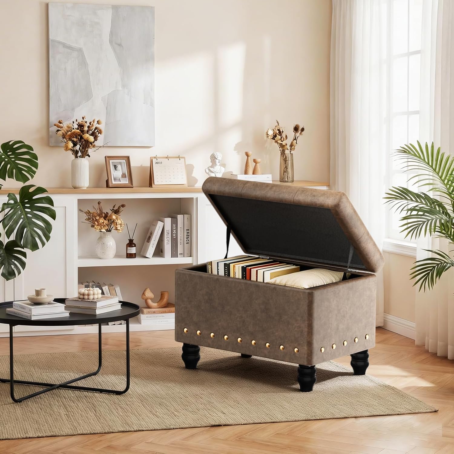 Storage Ottoman Bench with Lid, Faux Leather Upholstered Footstool with Hidden Storage, Tufted Seat, Wood Legs, 330 lbs Capacity, 23.6” Entryway Bedroom Bench, Brown