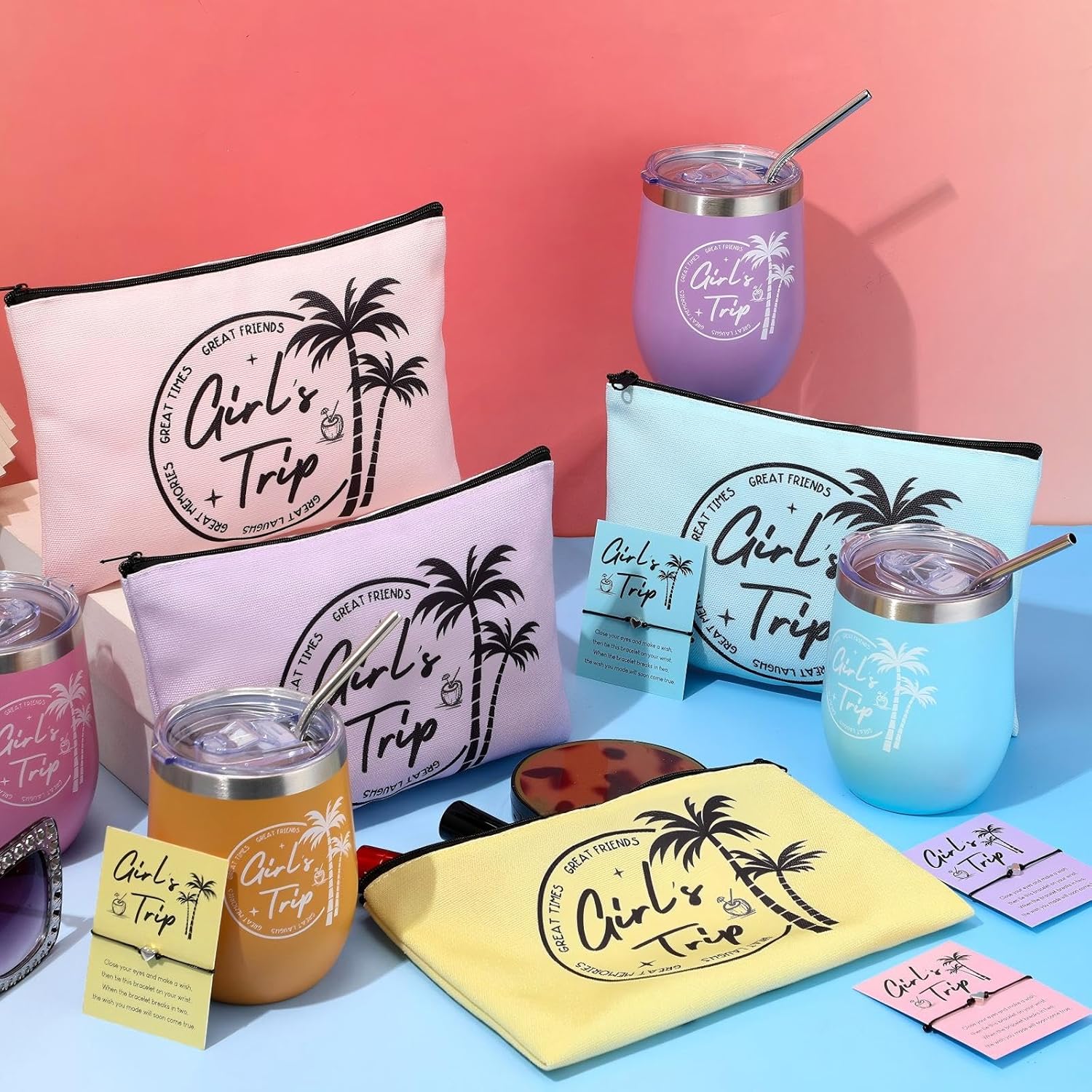 LemonRoad 12 Pcs Girls Trip Gifts Set Include Girl Trip Tumblers Makeup Bags Heart-shaped Bracelets and Cards for Girls Weekend Sisters Bestie Bachelorette Travel Vacation Party Favors