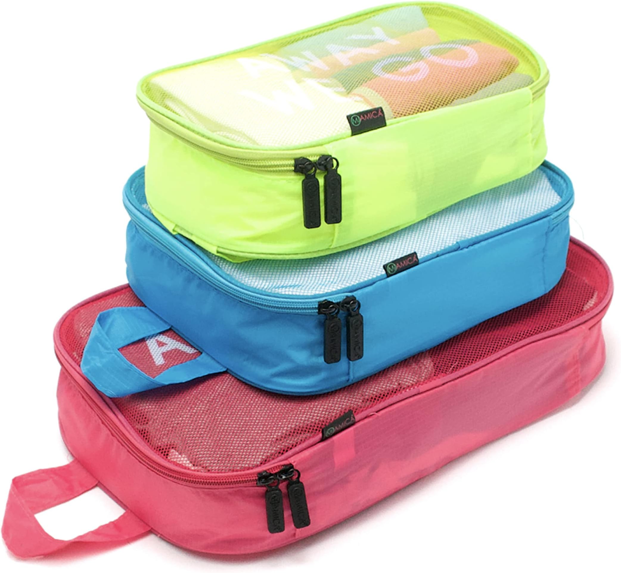 Miamica 3-Piece Packing Cubes, Red/Green/Blue – Includes One Large, One Medium, and One Small Suitcase Organizer – Lightweight, Durable Design, Red/Blue/Green, Pack of 3, Miamica Brights