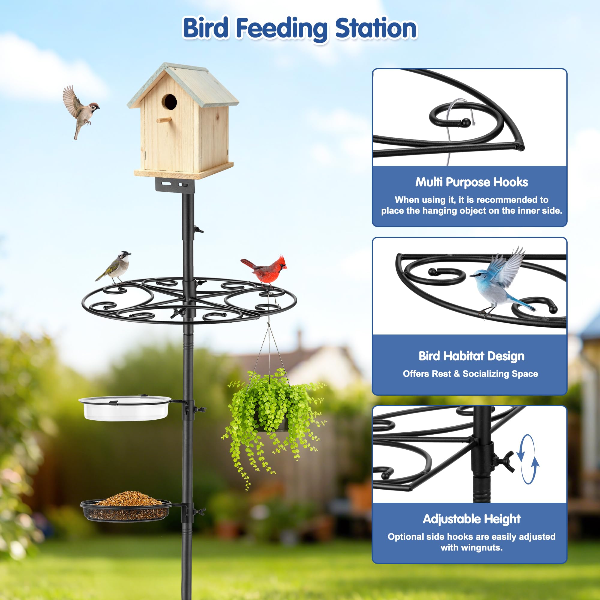 MIXXIDEA Vogelfutterstation, Vogelfutterstange mit 5-Zinken-Basis, Haken zum Aufhängen, Wasserbad, Netzschale, windabweisender Wassernapf mit Metall-Druckknopfverschluss für den Außenbereich, um Vögel