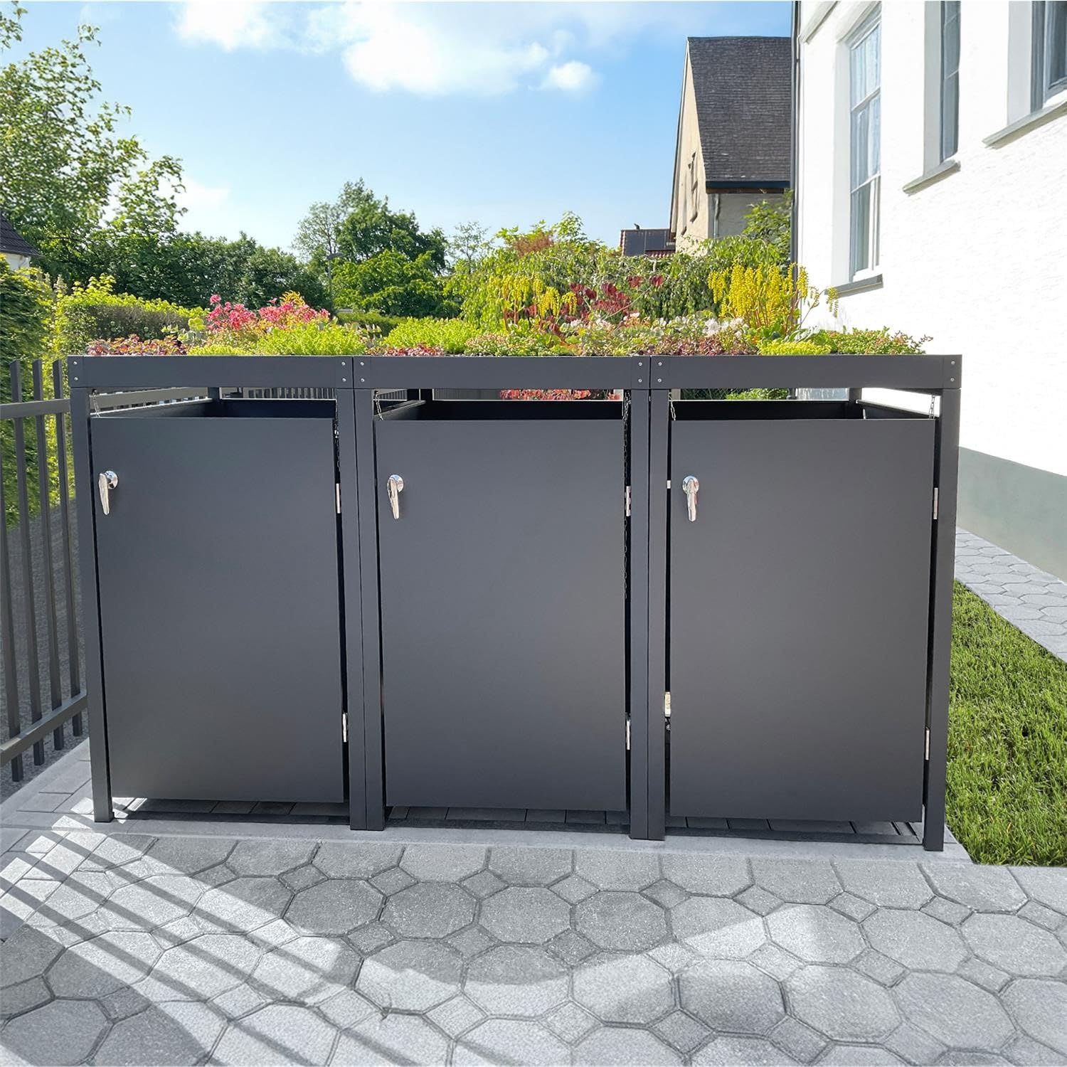 Metzler Mülltonnenbox in Anthrazit mit Pflanzdach 3er 240L, Mülltonnenverkleidung 3 Tonnen, witterungsbeständiger und pulverbeschichteter Stahl mit Automatikdeckel, abschließbar, Garten- und Müllbox