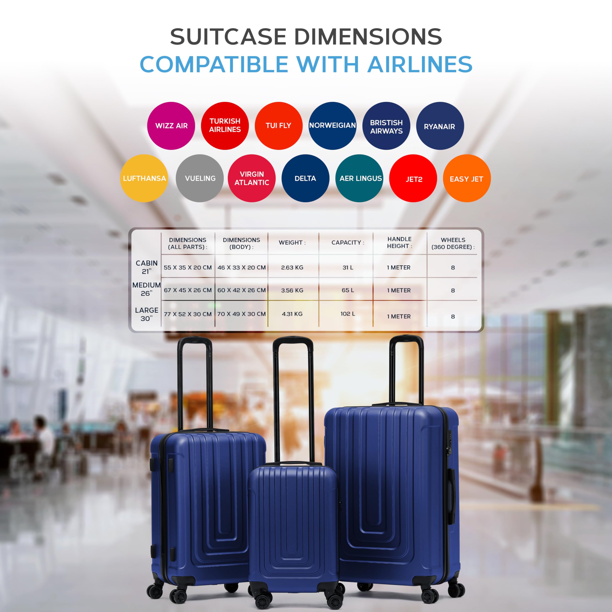 Flight Knight Premium Lightweight Suitcase - Built-in TSA Lock - 8 Spinner Wheels - ABS Hard Shell Carry On Or Check in Luggage - Highly Durable - Approved for Over 100 Airlines