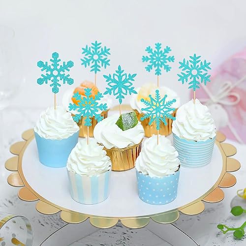 Miniatura 3 de Ercadio 25 piezas de copos de nieve para cupcakes con purpurina y copos de nieve para cupcakes, decoración de pasteles de copo de nieve azul