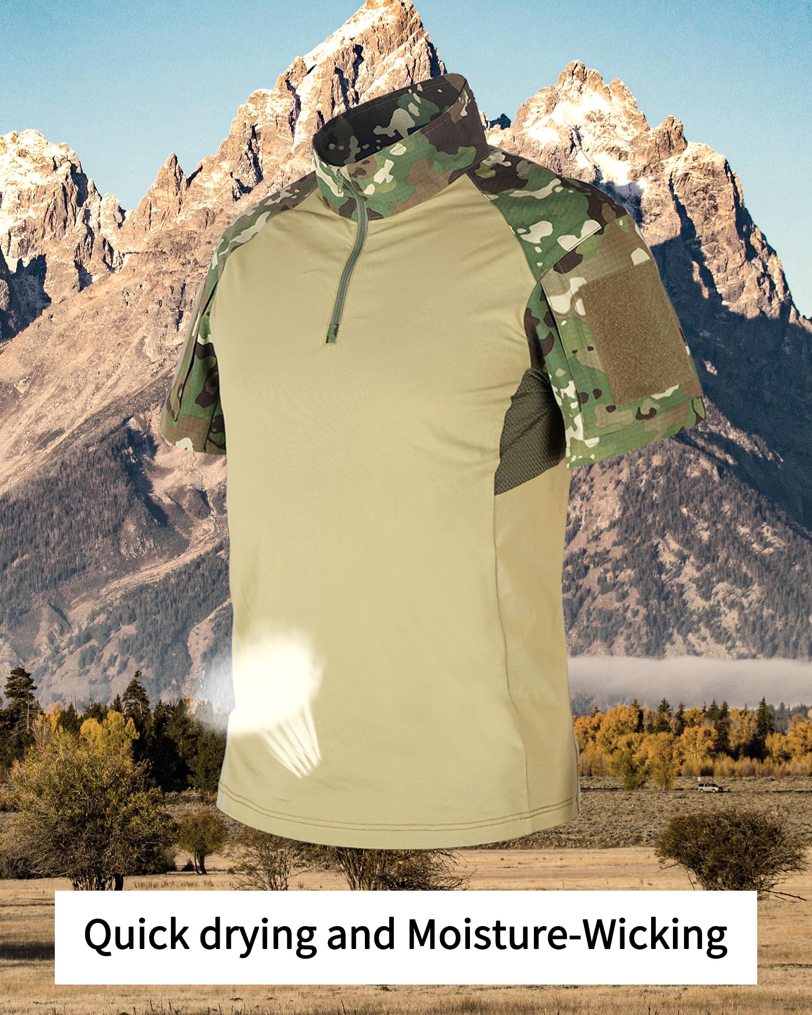 Camisetas de camuflaje para hombre, de secado rápido, con cremallera de 1/4, elástica, manga corta, con 2 bolsillos