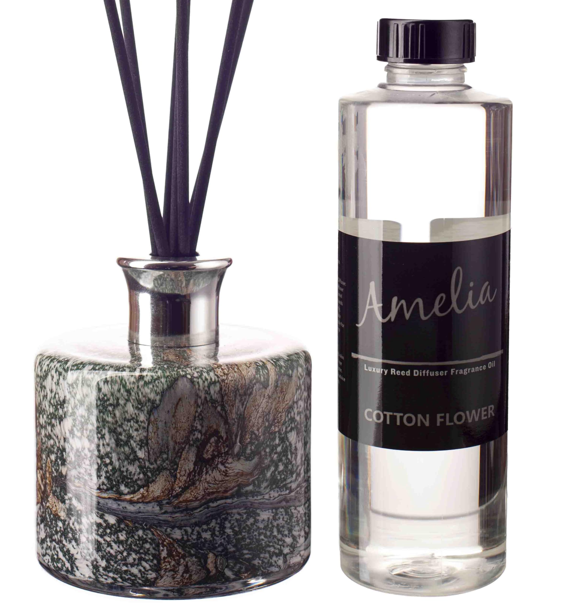 Amelia Art Glass Green/Black/Gold Mouth Blown Glass Reed Diffuser Gift Set, Cylinder Shape, And Marble Design (Peacock Lustre) With Cotton Flower Fragrance