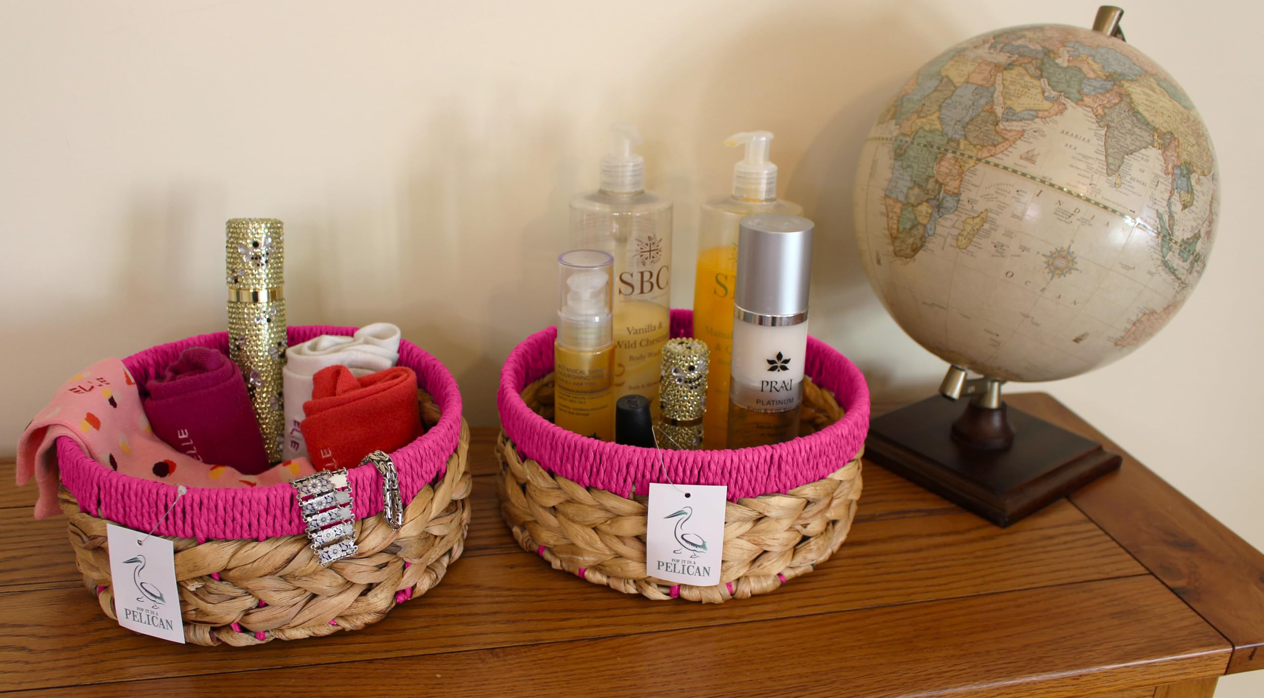 Small Water Hyacinth round baskets for storage Natural colour with Pink edges for shelves open hamper. Decorative gift bathroom storage mini tray make up bathroom Kitchen organiser (2 - Image 3