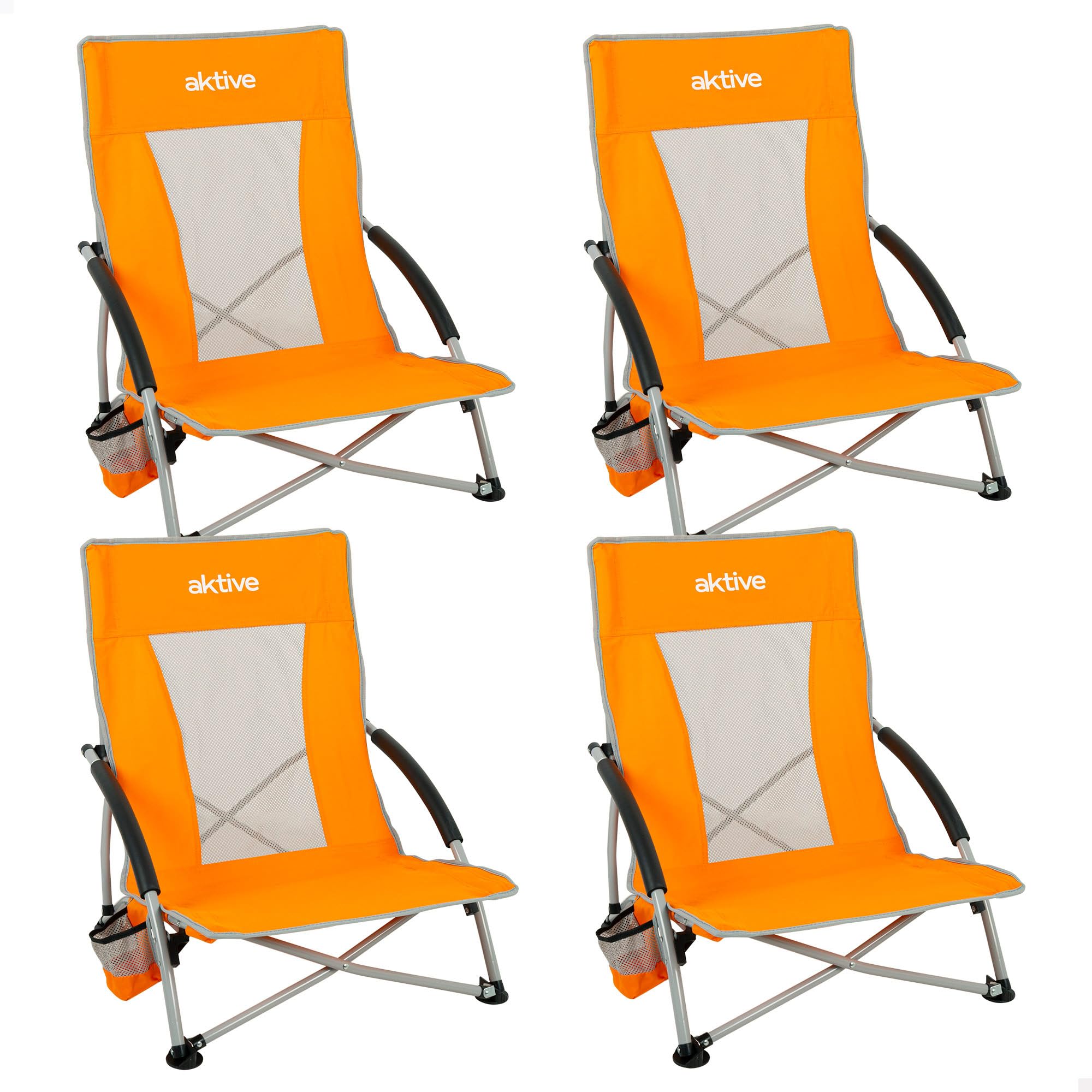 AKTIVE Lot de 4 chaises de Plage Pliantes, Assise Basse, 50 x 51 x 67 cm, en Acier, Polyester et Maille, accoudoirs rembourrés, avec Dessous de Verre latéral, Max 110 kg, Housse de Transport Incluse
