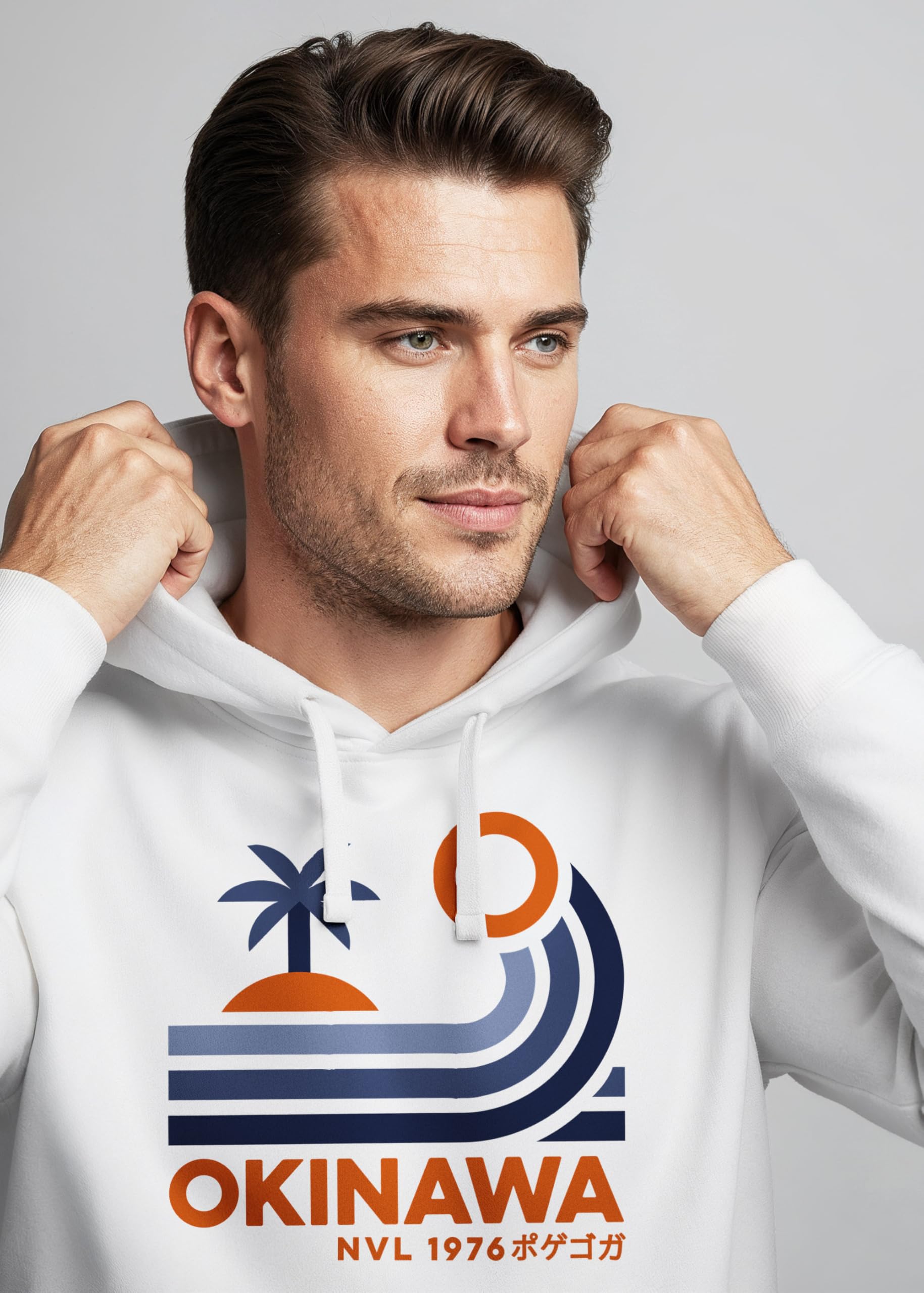 Neverless® Hoodie Herren Japan Okinawa Schriftzug Retro Palme Welle Print Kapuzen-Pullover Männer Fashion Streetstyle