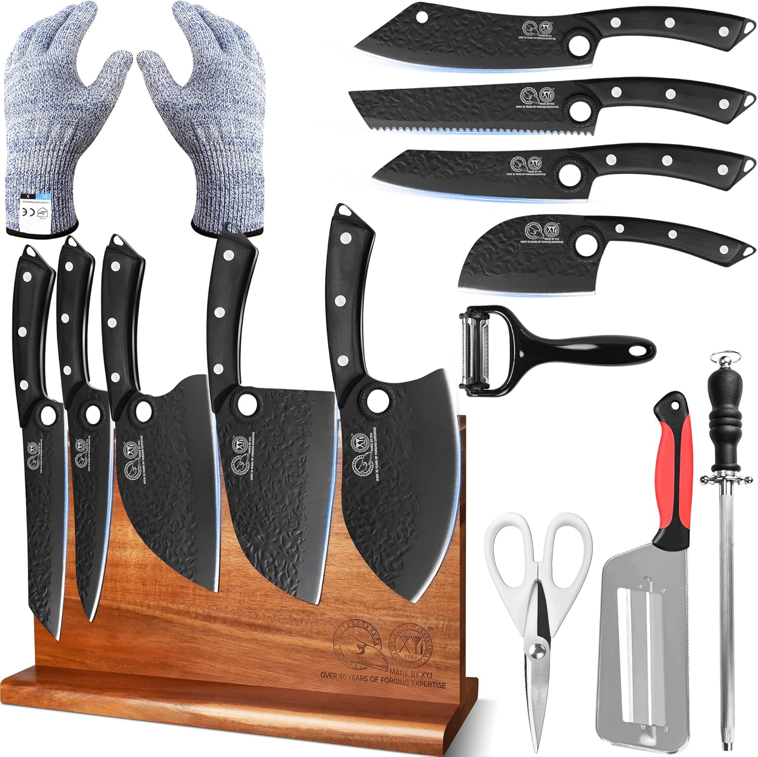 XYJ Authentic Since 1986, Kitchen Knife Set with Wooden Magnetic Knife Block, Scissors, Honing Steel, Peeler, Gloves, Vegetable Slicer Cooking Bread Butcher Chef Knives
