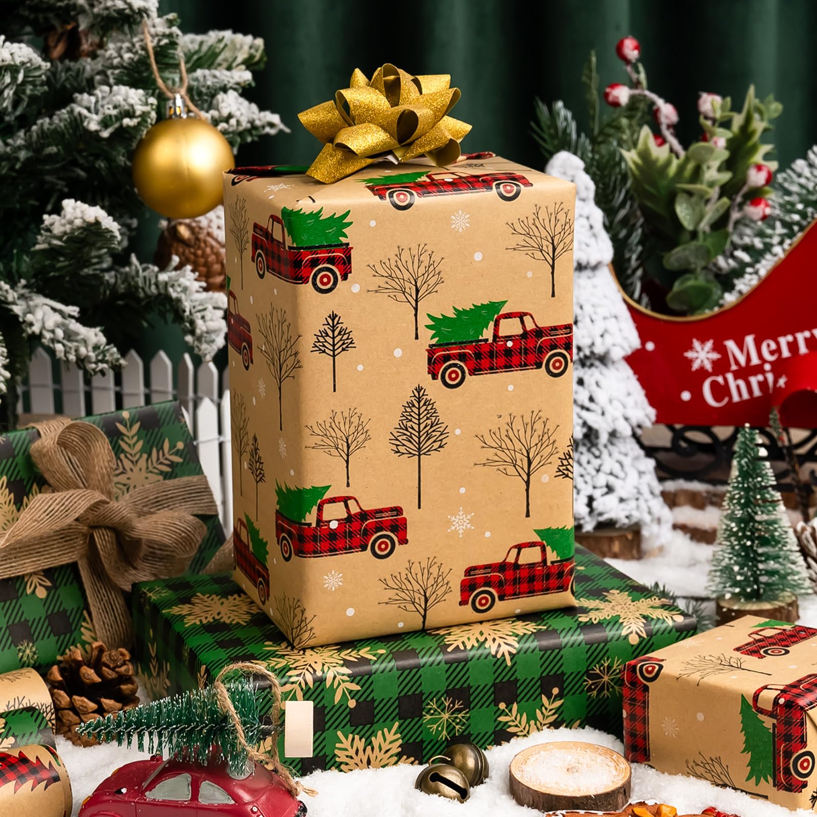 Yarcony Kraft-Weihnachts-Geschenkpapier, 43,2 x 305,8 cm pro Rolle (3 Rollen) – Vintage-Weihnachts-Geschenkpapier, klassischer roter LKW, Hirsch und Schneeflocke, dickes Geschenkpapier für Weihnachten