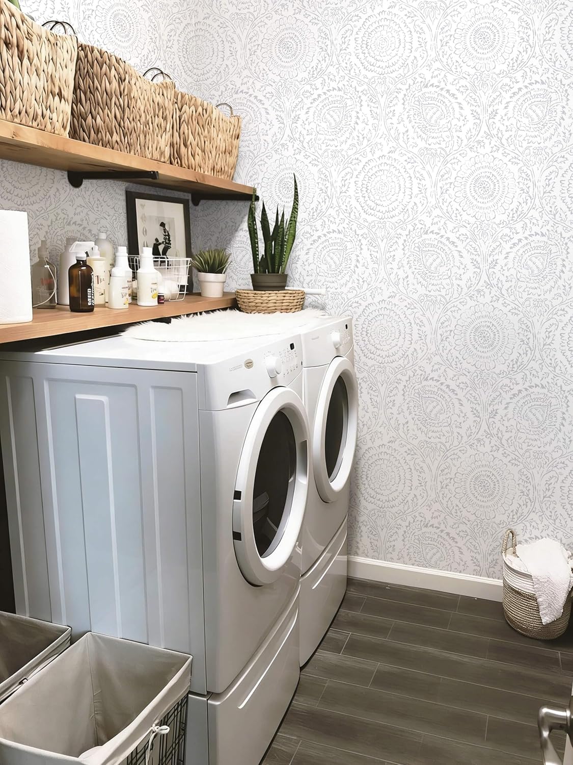Ismoon Floral Peel and Stick Wallpaper Boho Light Gray Contact Paper Neutral Leaf Wall Paper Textured Self Adhesive Removable Wallpaper for Bedroom Kitchen Renter Friendly Vinyl 17.3" x 78.7"