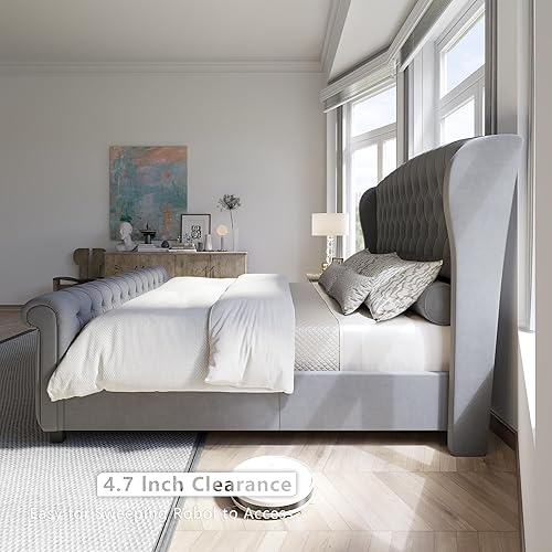 Miniatura 6 de AMERLIFE - Marco de cama tamaño King con plataforma, cama de estilo trineador tapizada en terciopelo con cabecero y pie de cama con alas onduladas y