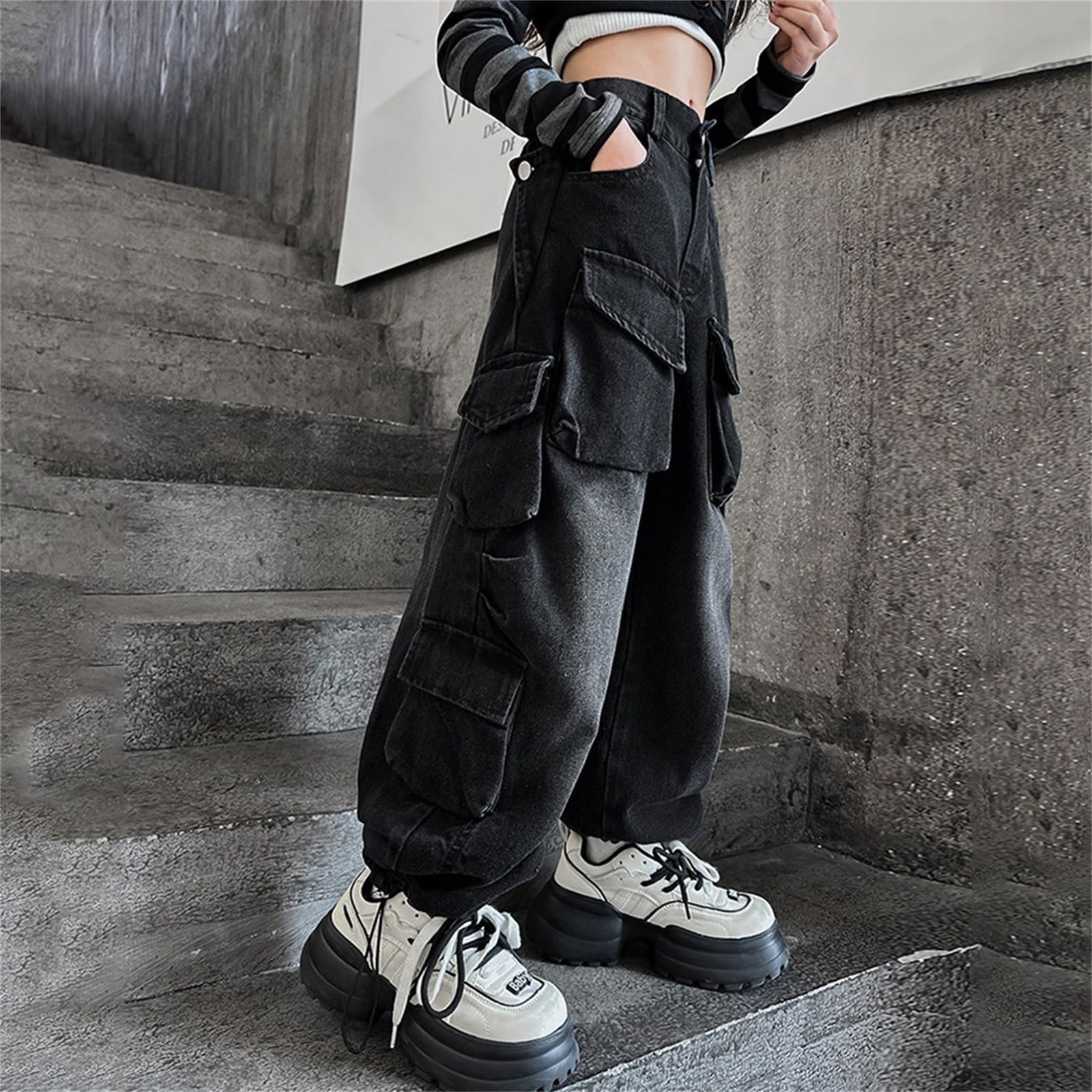 Cargo-Jeans für Mädchen, weites Bein, elastisch, hohe Taille, Denim-Hose mit Taschen, stilvolle Jeans, Hose, Teenager, trendige Streetwear