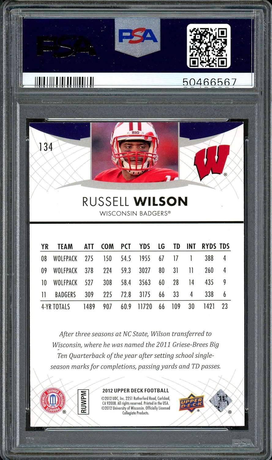 Russell Wilson Autographed 2012 Upper Deck Rookie Card #134 Seahawks Auto Grade 10 Card Grade Mint 9 PSA/DNA #50466567