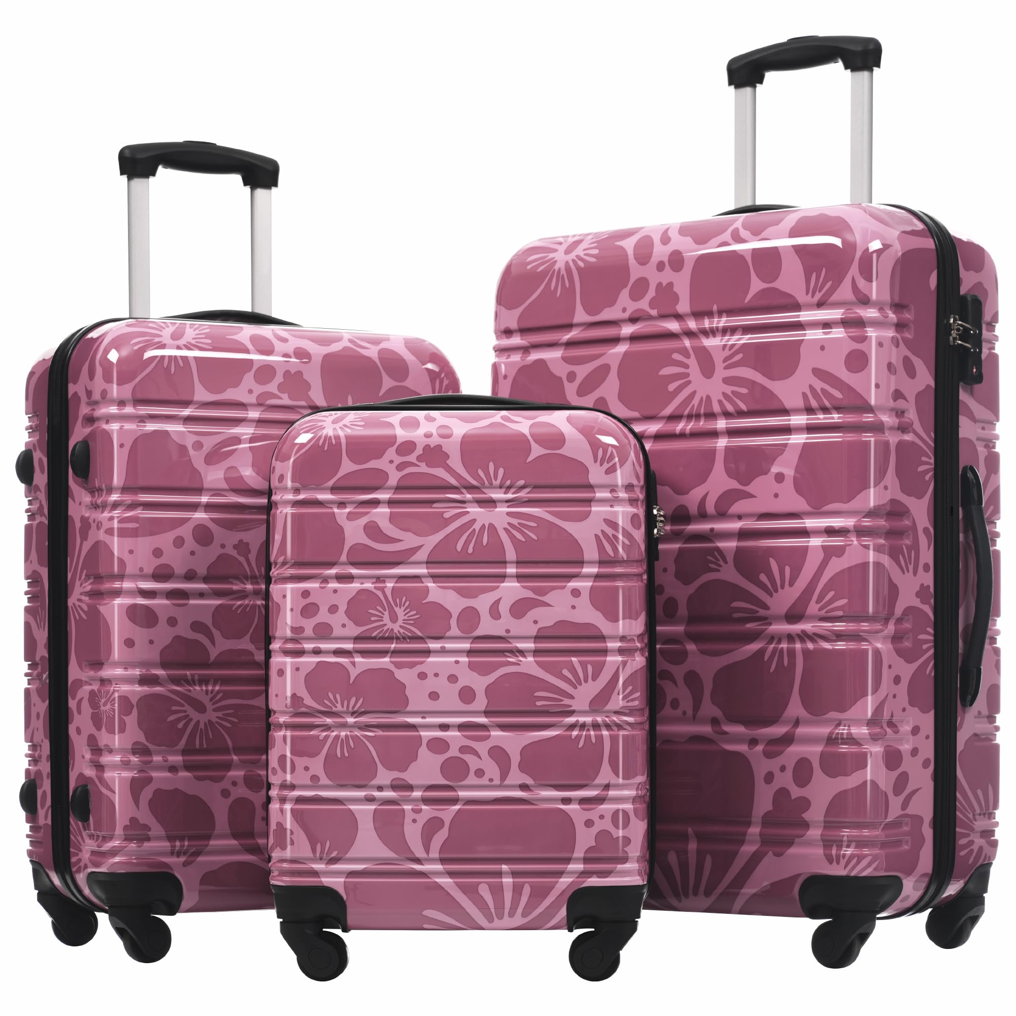 Set di 3 valigie rosa da 50/61/28 pollici, con guscio rigido con ruote girevoli, valigia rigida con ruote girevoli, valigia leggera a quadri con serratura TSA, per ragazze e uomini, Rosa