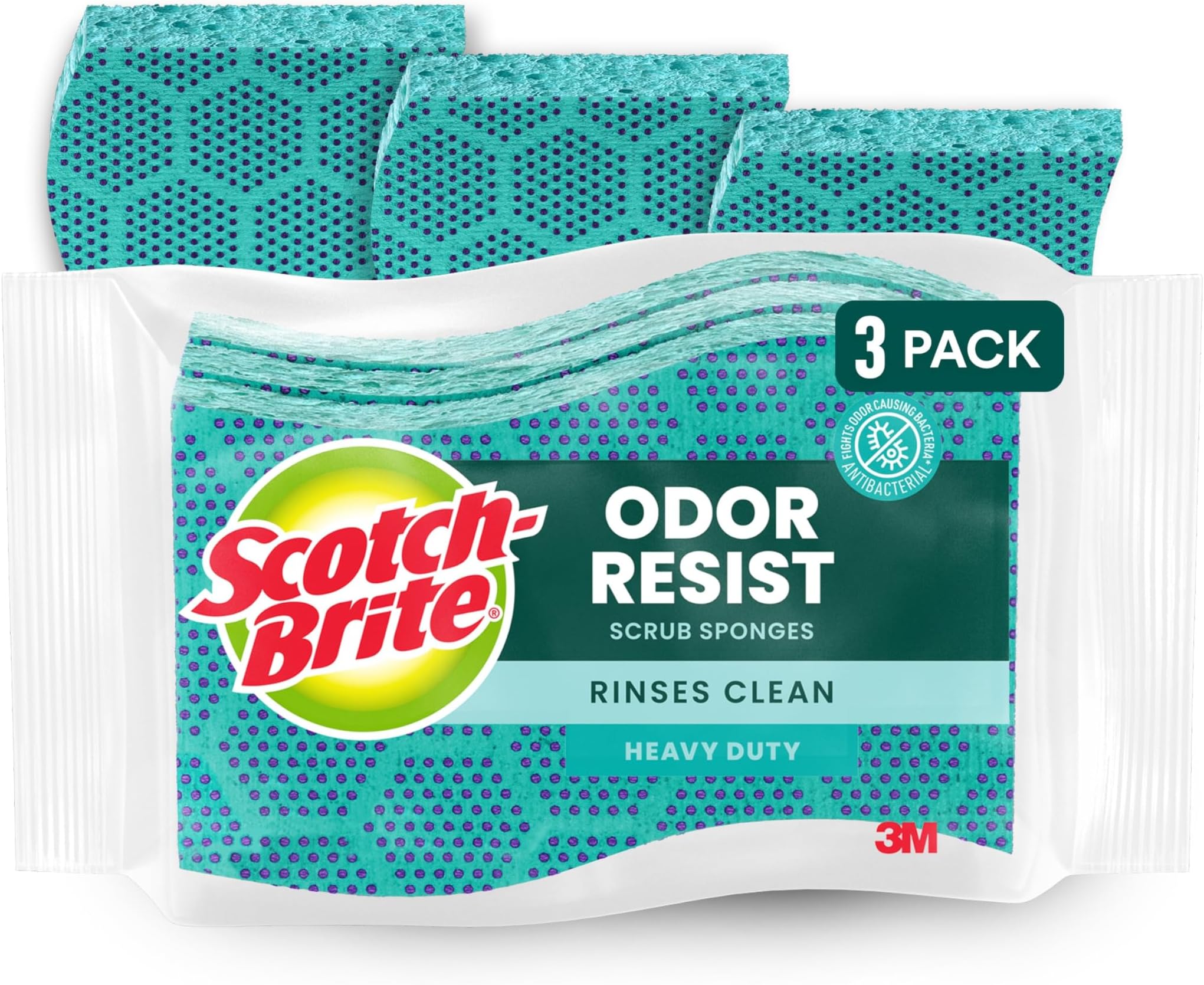 Odor Resist Heavy Duty Scrub Sponge, Dishwasher-Safe Kitchen sponges for Serious Scrubbing, Multipurpose Dish Sponge for Stuck-On Messes, 3 Scrubbing Sponges