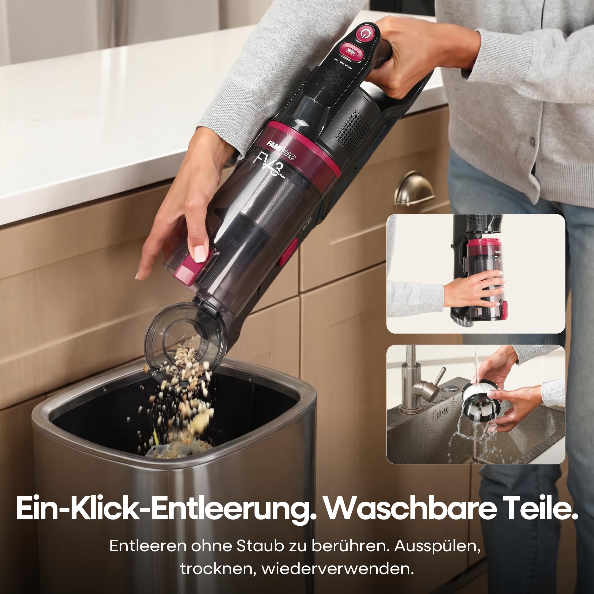 FAMIVAC FV3 Akku Staubsauger 60KPa/ 50Min/ 120㎡, Staubsauger Kabellos mit Knickgelenk-Rohr, Selbststehend, Grüne LED-Licht, Anti-Tangle-Bürste Akkustaubsauger für Hartböden/Teppich/Tierhaare/Auto