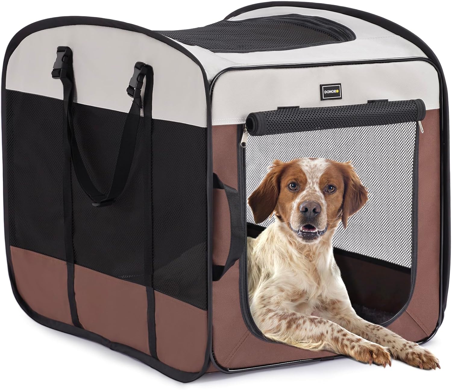 DONORO Dog Kennels and Crates for Medium Dogs, Portable Pop Up Indoor Pet Cage with Sturdy Wire Frame, Collapsible Travel Crate Soft Sided Cat Bag Escape Proof (Brown, 28.0" L x 18.0" W x 22.0" H) Brown 28.0"L x 18.0"W x 22.0"H