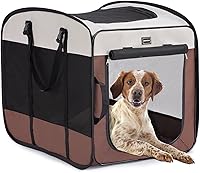 DONORO Portable Pop Up Dog Crate for Medium Dogs - Soft Sided Escape Proof Travel Kennel 28x18x22 Brown