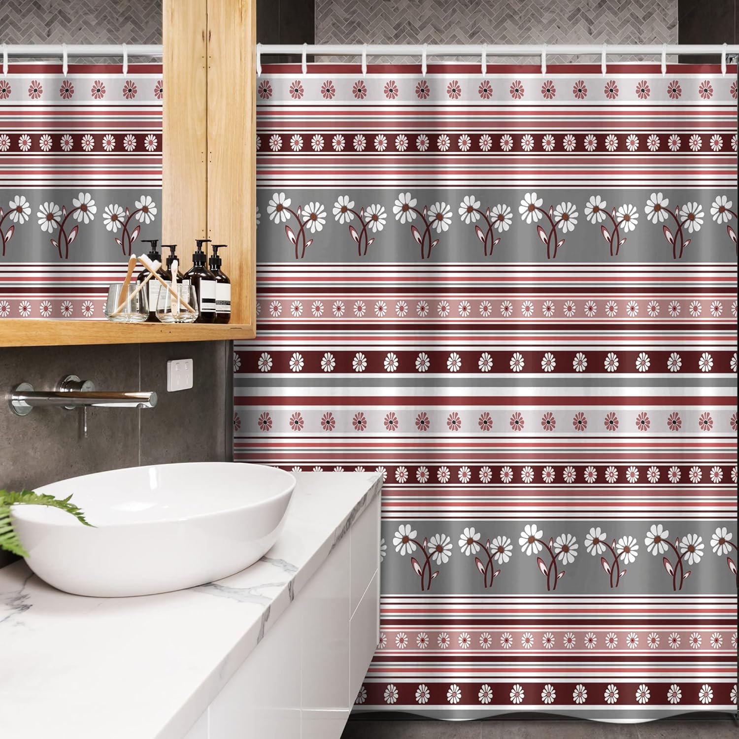 Ambesonne Floral Stall Shower Curtain, Various Spring Flower Motifs on Striped Background Geometric Illustration, Fabric Bathroom Decor Set with Hooks, 54" W x 78" L, Grey Pink Burgundy