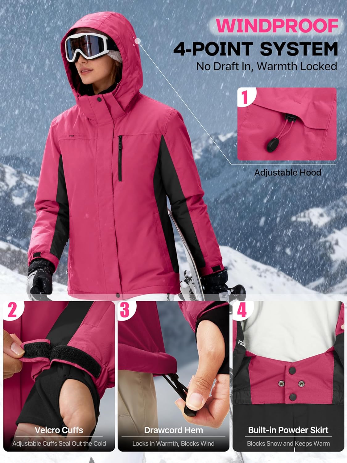 FREE SOLDIER Women's Waterproof Ski Snow Jacket Fleece Lined Warm Winter Rain Jacket with Hood Fully Taped Seams - Image 5