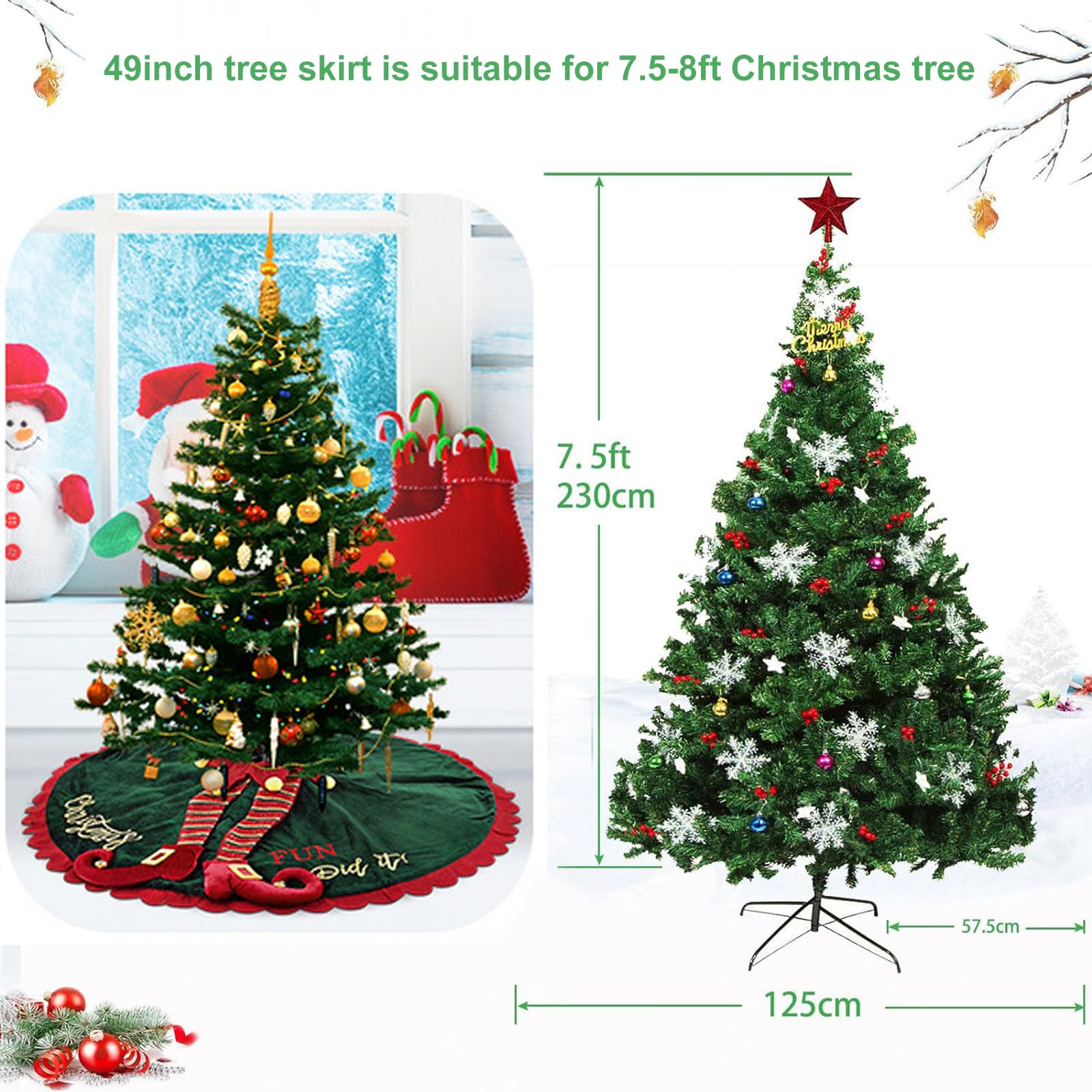 Gonna per albero di Natale, 124,5 cm, verde e rosso, copertura in velluto per albero di Natale con gambe di elfo, decorazione per interni ed esterni