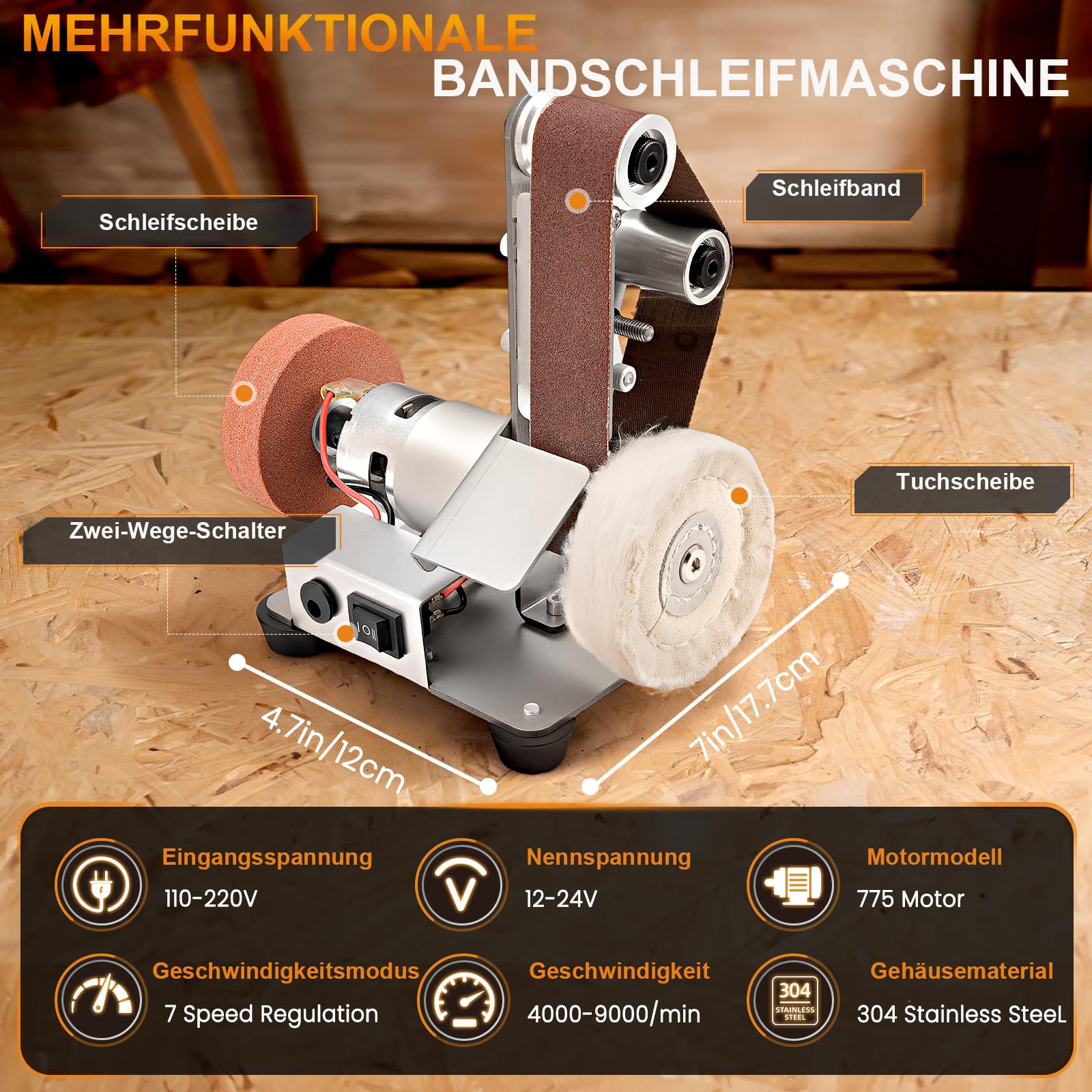 3-in-1 Mini-Bandpolierer mit 7-stufiger Geschwindigkeitsregelung & Niedrigem Lärmpegel – Zum Schleifen & Polieren von Metall, Werkzeugen, Holz & DIY-Projekten
