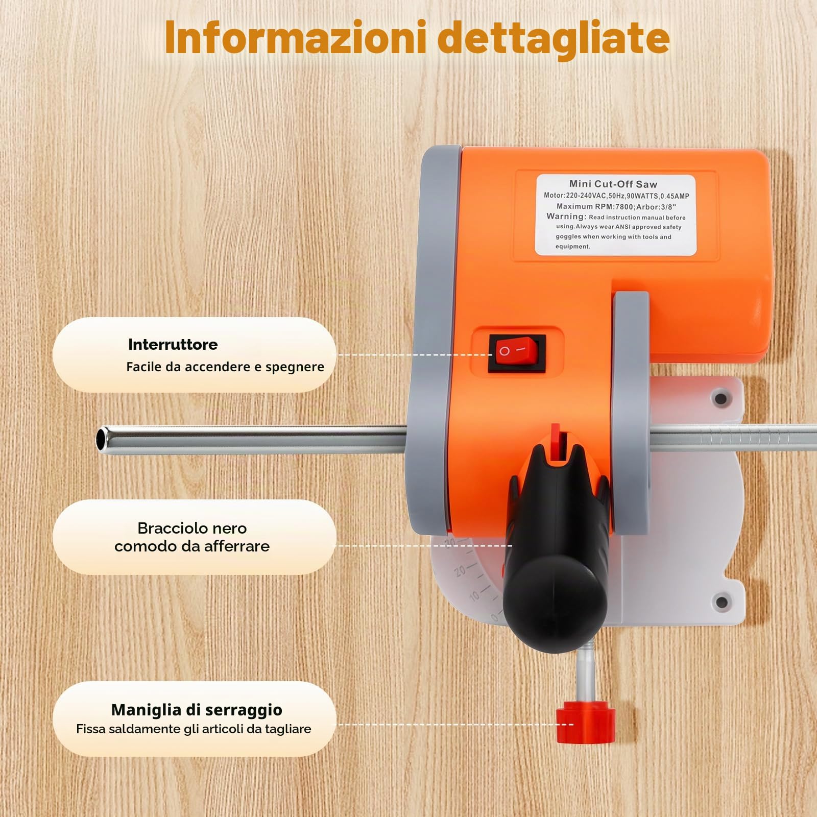 7800 giri/min 90W Mini Mitra Sega Tavolo Benchtop Sega Chop 45 gradi Regolabile, Taglierina Troncatrice con utensile di serraggio per legno, plastica e pietra