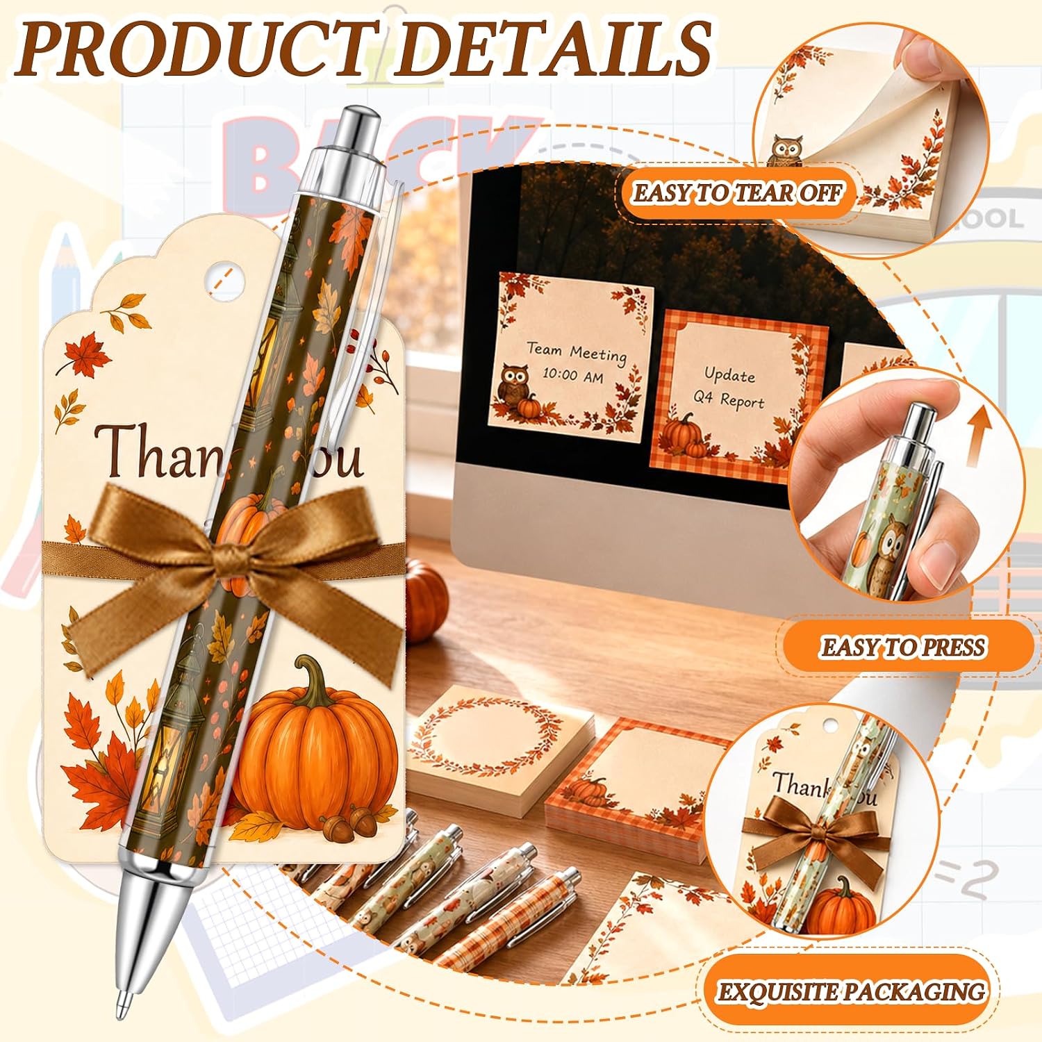 36 Sets Fall Stationery Set Include Sticky Notes Ballpoint Pens Ribbons Cards Thanksgiving Gifts Bulk for Fall Party Favors Pumpkin Notepads Autumn Appreciation Gifts for Office Supplies image 3