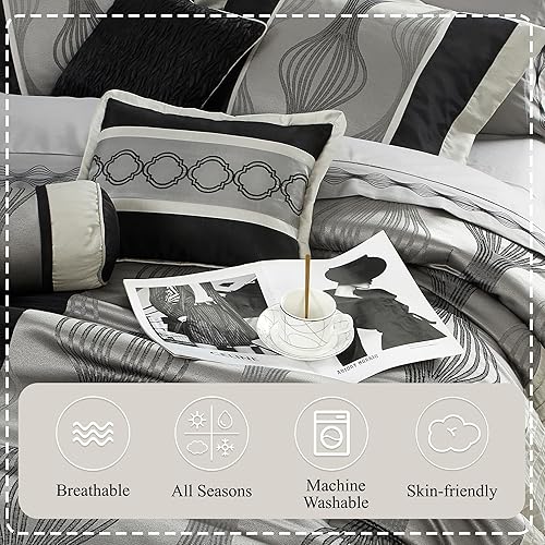 Miniatura 4 de Stratford Park Juego de edredón negro y plateado, tamaño California King, juego de ropa de cama de 7 piezas a rayas para todas las estaciones