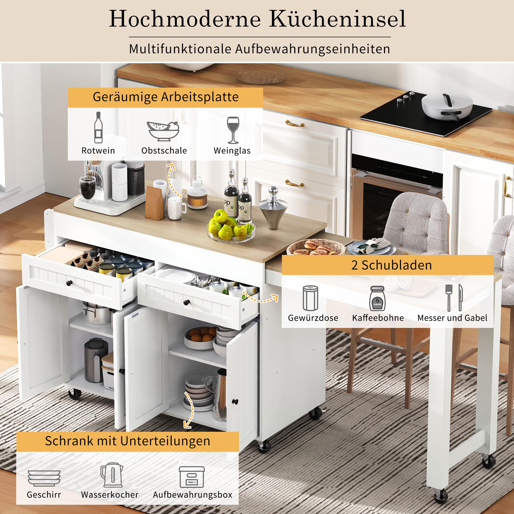 Îlot de cuisine sur roulettes avec 2 tiroirs, 4 portes, plan de travail extensible, table de bar extensible avec espace de rangement, table extensible, pour 2 à 6 personnes, chariot de cuisine