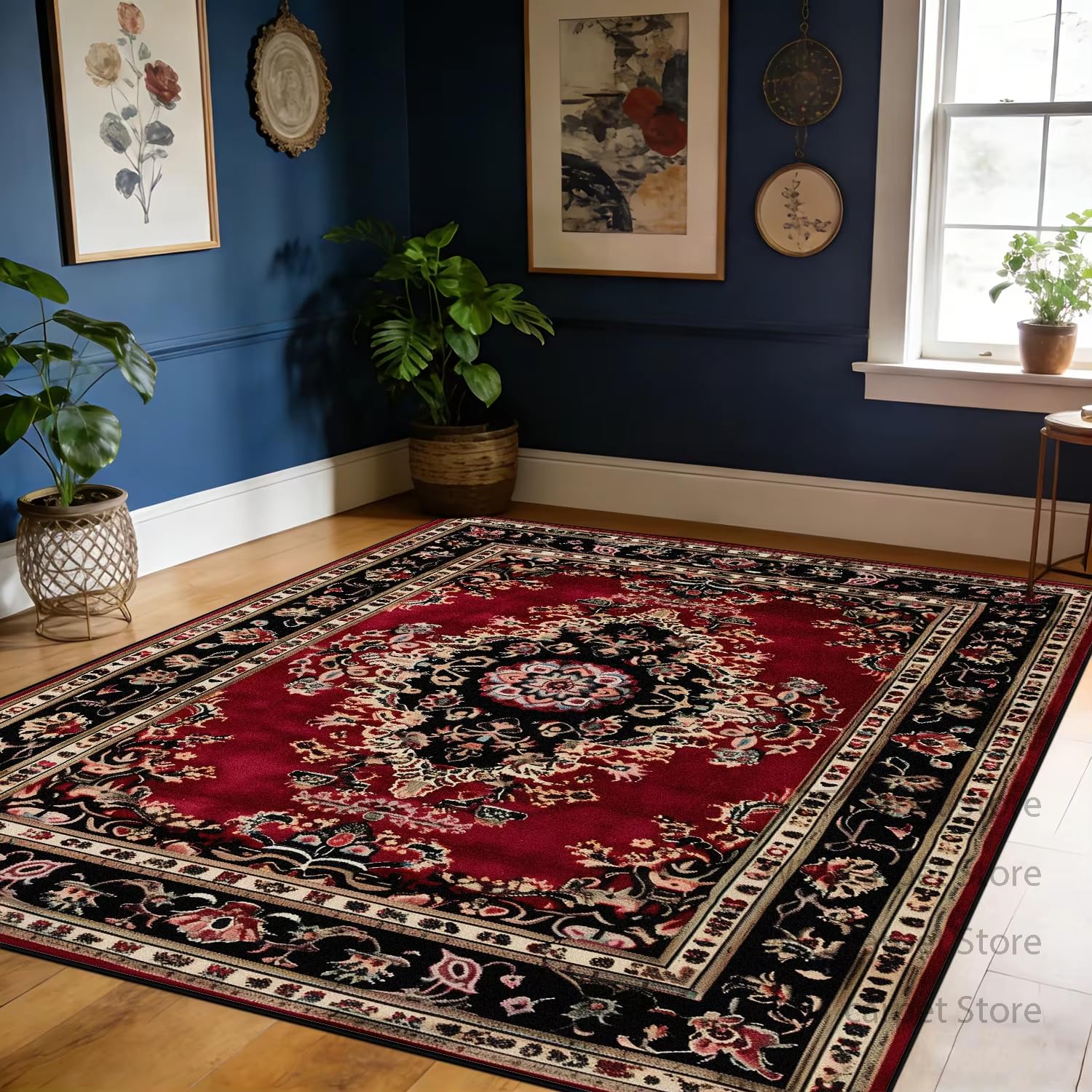 Tapis de salon rouge doux à motif floral lavable rétro 90x130