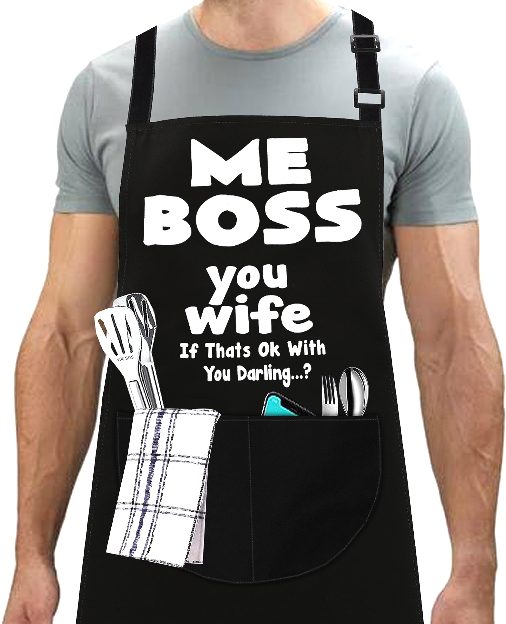 Linen Closet Unisex Black Linen Closet® Adjustable Bbq Aprons For Men Funny Rude Chef Aprons Christmas Grilling Gifts For Father Dad Son Husband With 2 Pockets- Me Boss You Wife Apron