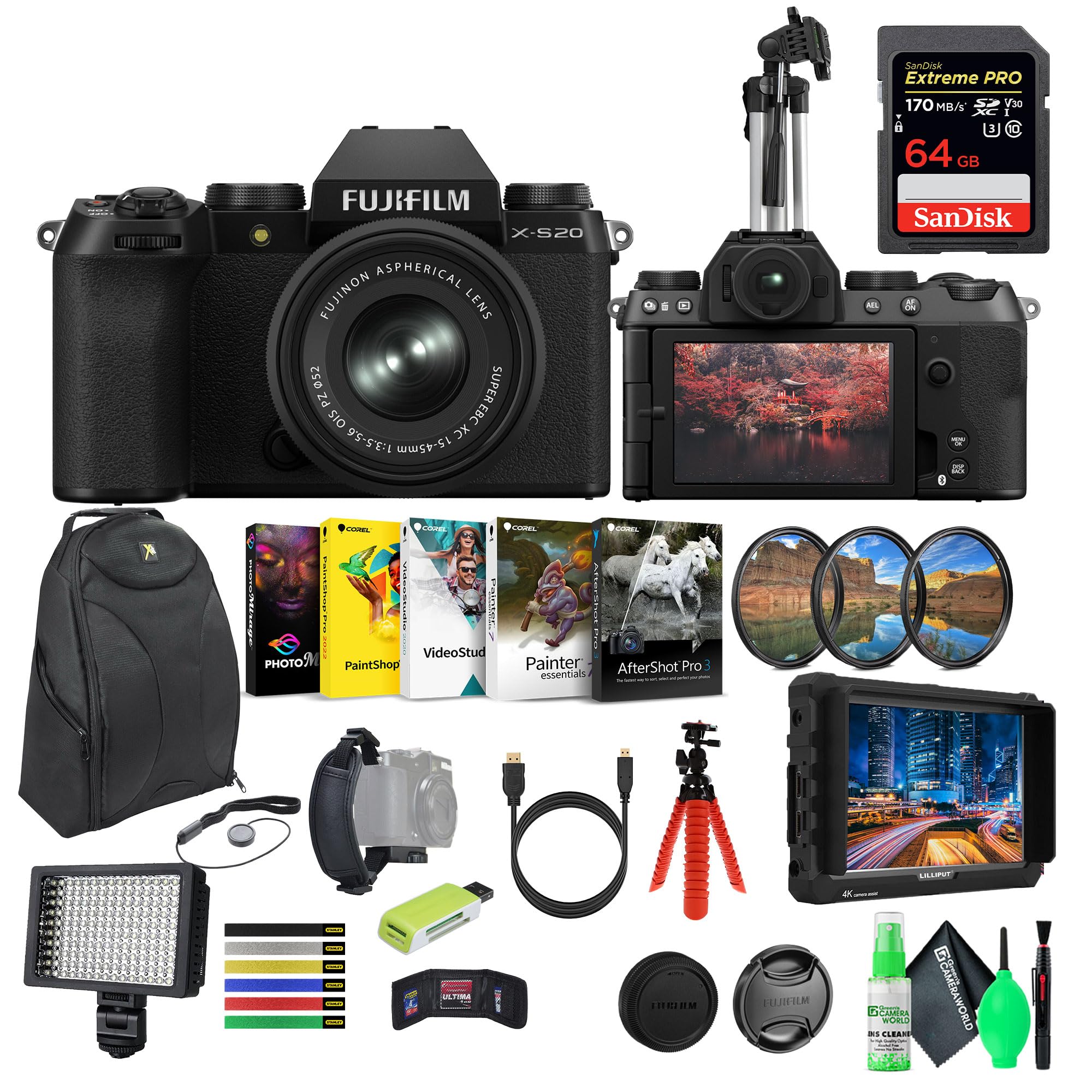 FUJIFILM X-S20 Mirrorless Camera with 15-45mm Lens & 4K Monitor Bundle