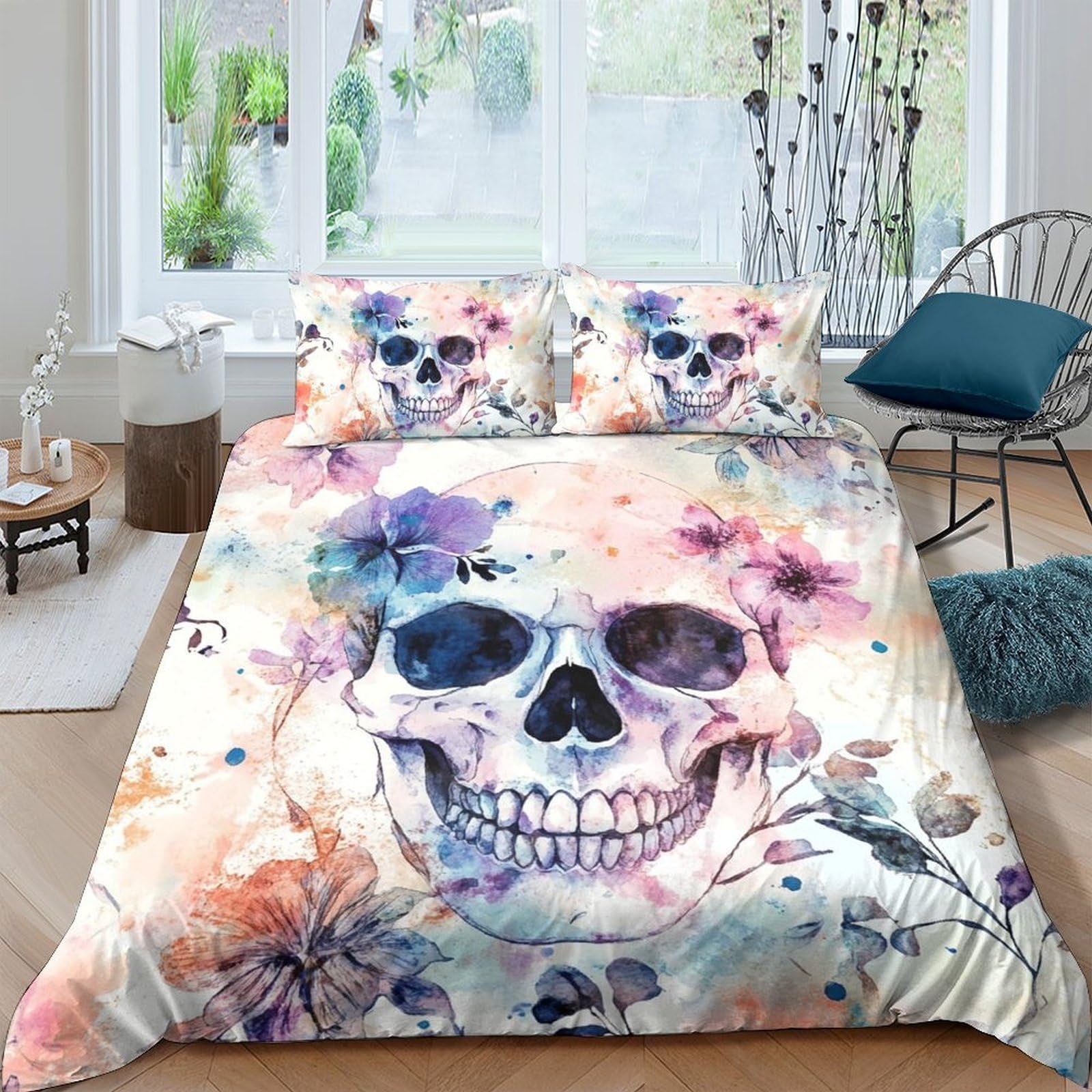 Ctjqhvkz Style-9 3D Printed Watercolor Skull Fitted Sheet Microfiber Soft Art Flower Bed Cover For Bedroom Dorm Mattress Decor Single（135X200cm）