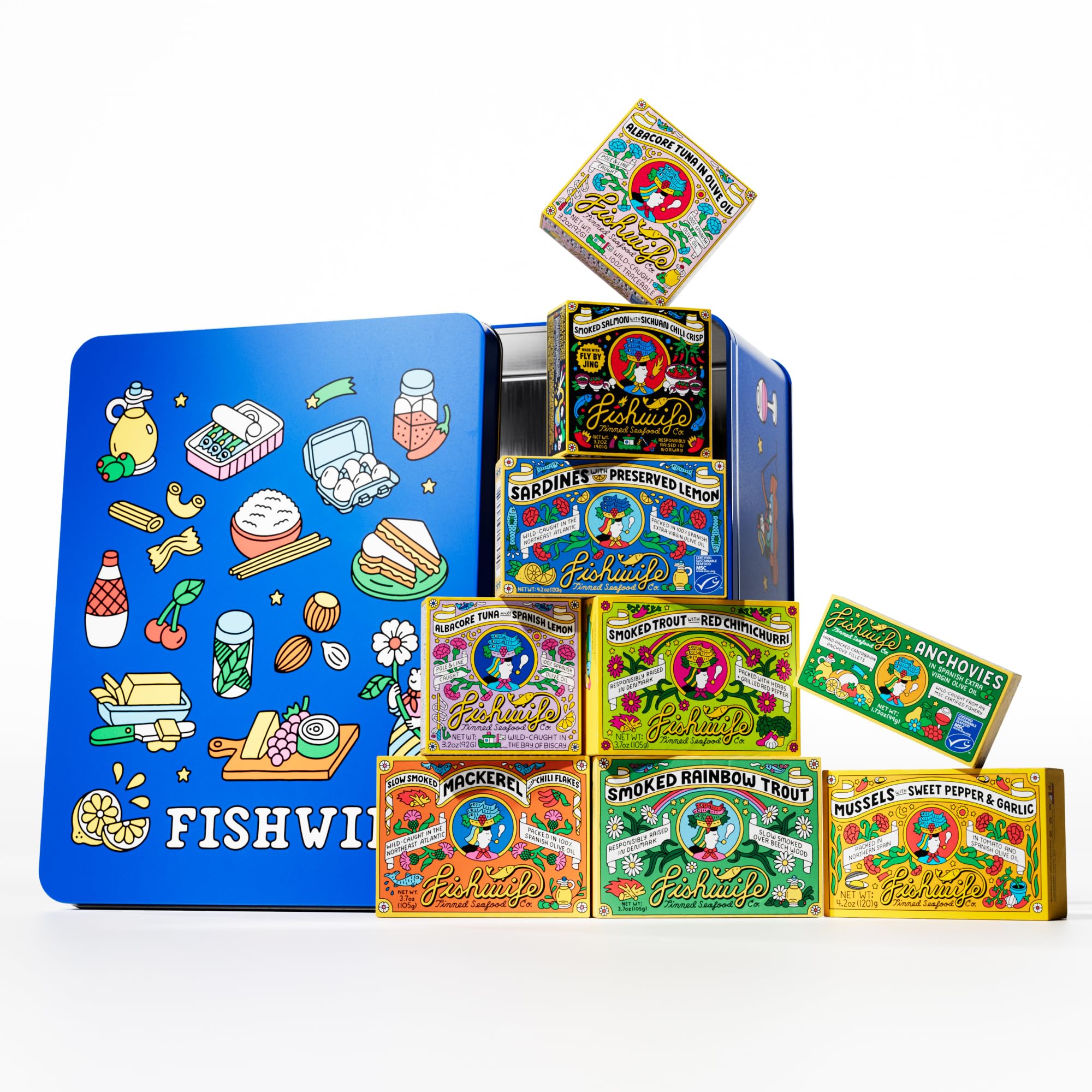 Fishwife Holiday Gift Tin Collection 9-Pack (Variety of Tinned Seafood including Smoked Salmon, Rainbow Trout, Sardines, Mussels, Tuna & More!) | Gluten Free, High Protein, Omega-3s