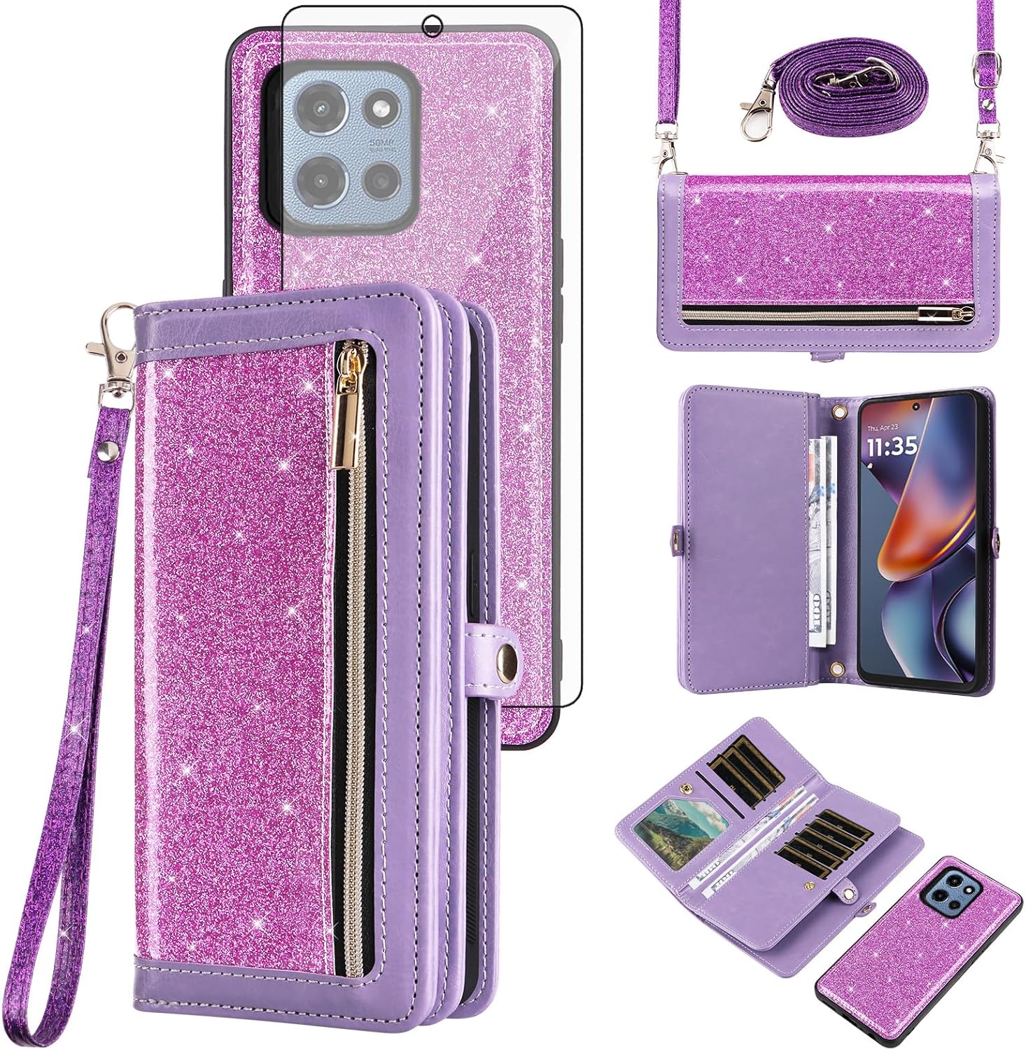 Asuwish Phone Case for Motorola Moto G 5G 2025 Zipper Wallet Detachable Cell Cover with Screen Protector Crossbody Lanyard Strap Bling Glitter Flip Card Holder Slot G5G 5 G G5 Women Men Girls Pink