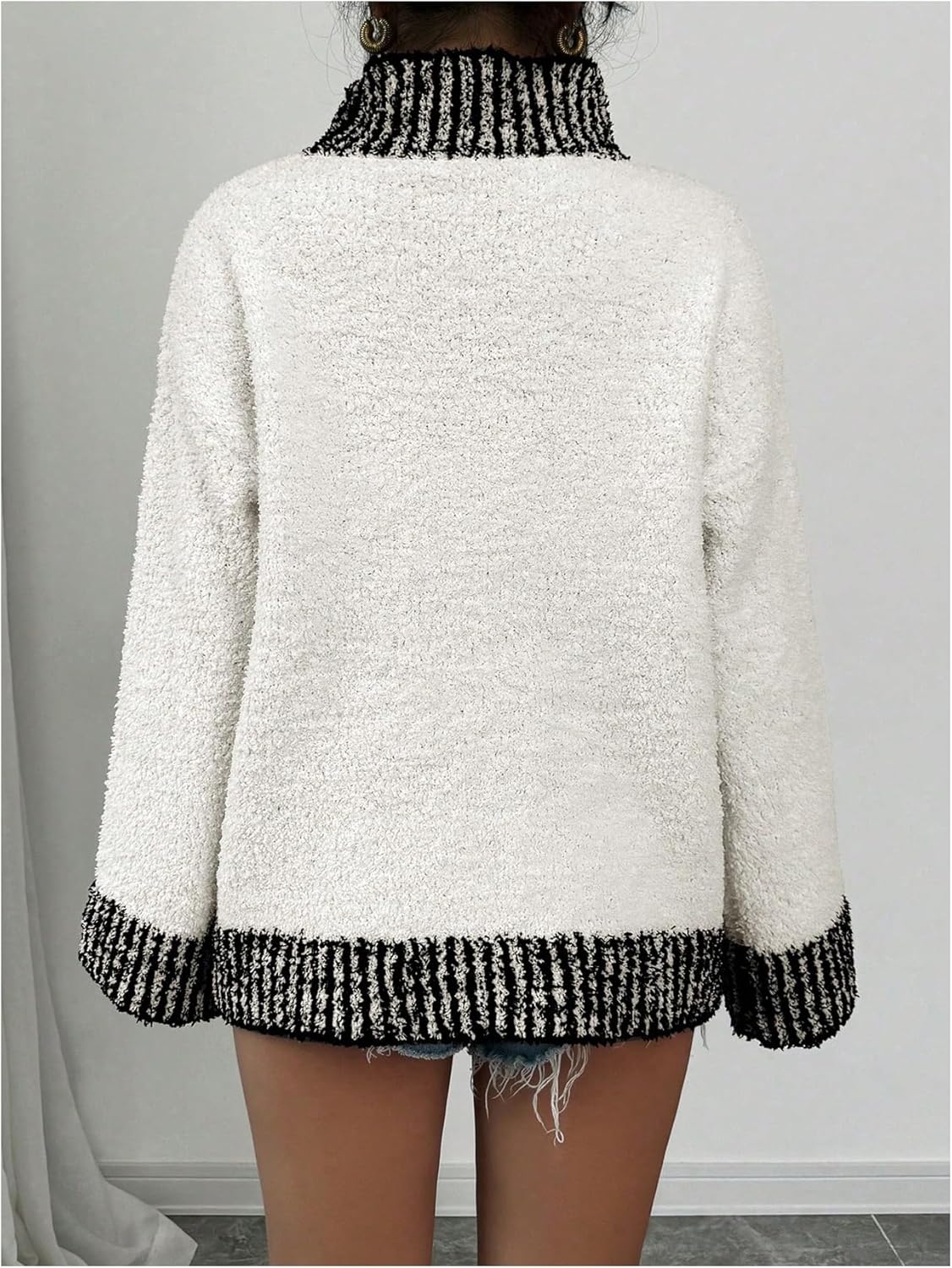 WDIRARA Women's Fuzzy Sherpa High Neck Sweaters Striped Trim Long Sleeve Baggy Knit Tops Pullover Jumper - Image 2