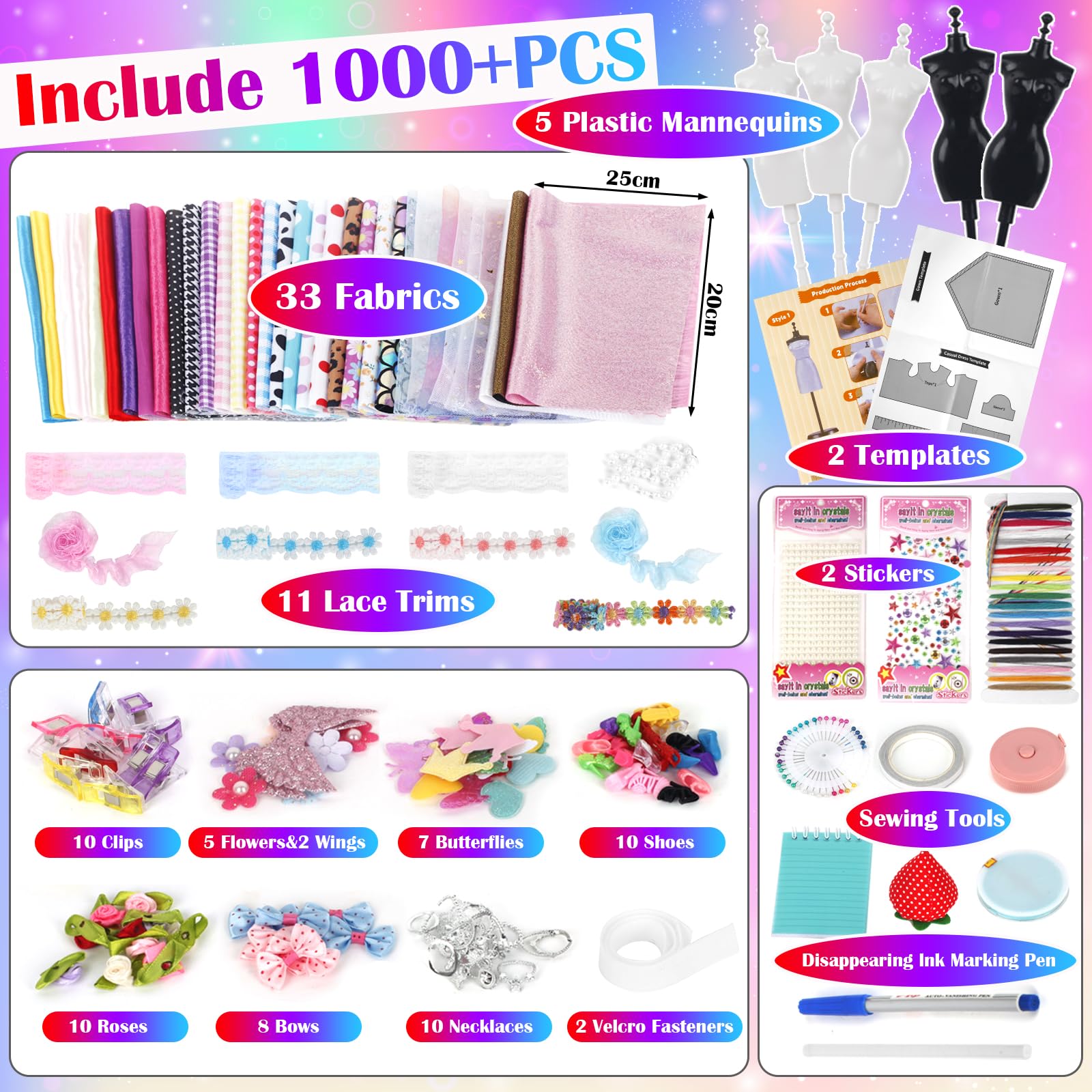 YOCOLE 1000+ Fashion Design Kit, Création de Mode Couture Enfants avec 5 Mannequins, Loisirs Créatifs Activites Manuelles avec Carnet de Croquis, Cadeau D'anniversaire Fille 6 7 8 9 10 11 12 Ans