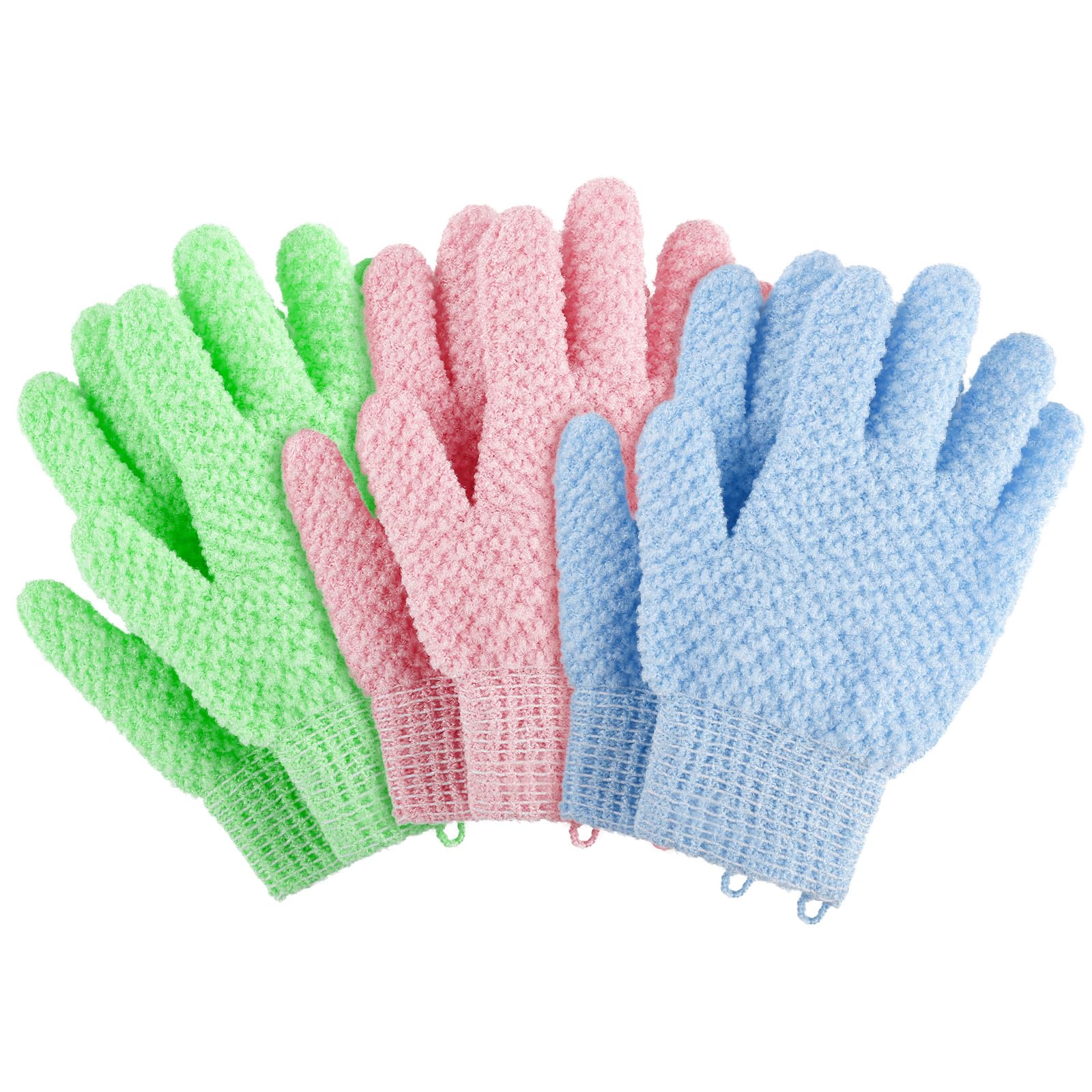 6pcs Exfoliating Gloves, Exfoliating Wash Gloves, Shower Scrub Gloves Away Ingrown Hair and Dead Skin for Shower, Spa, Massage and Dead Skin Cell Remover Loofah - Green+Blue+Pink