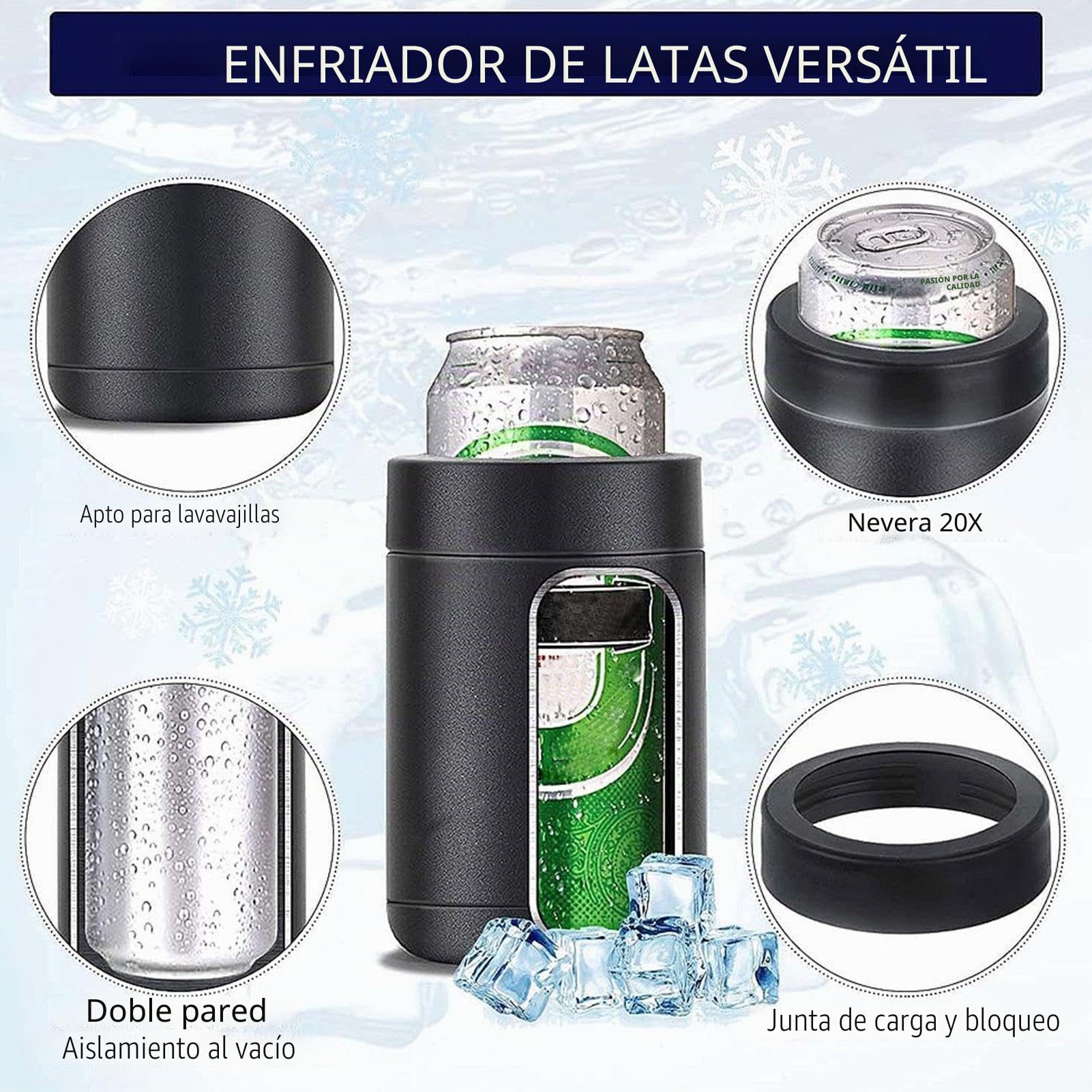 Enfriador 3 en 1 para Botellas y Latas de Cerveza - Con Abridor y Soporte Aislado Al Vacío de Doble Pared de Acero Inoxidable