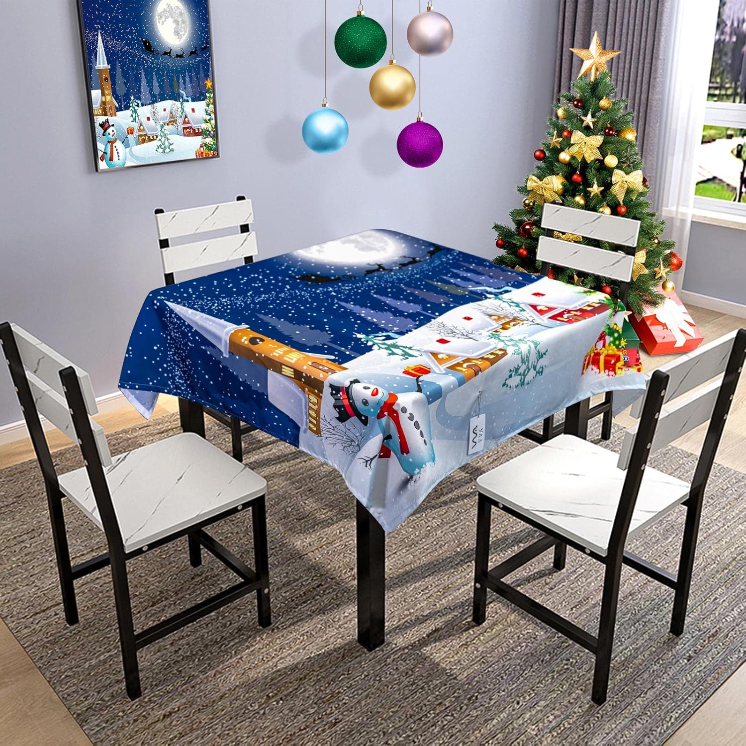 VVA Square Christmas Tablecloth, 70 Inch Winter Colorful Xmas Balls Hang on Pine Tree with Snowflake Baubles Square Table Cloth for Family Kitchen Gatherings Parties Dinner Decor