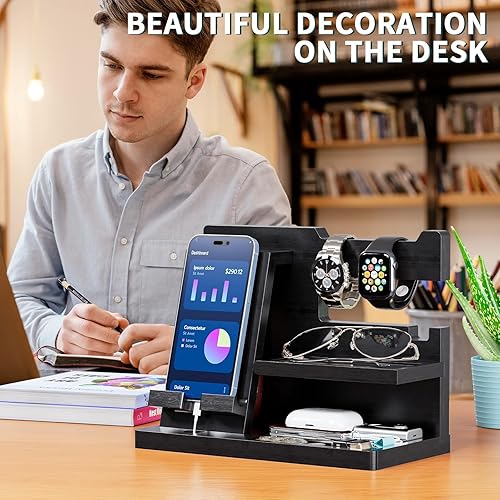 Miniatura 8 de Yirilan Wood Phone Docking Station for Man, Nightstand Charging Organizer and Cell Phone Stand, Birthday Gifts for Men, Dad, Anniversary, Key Black