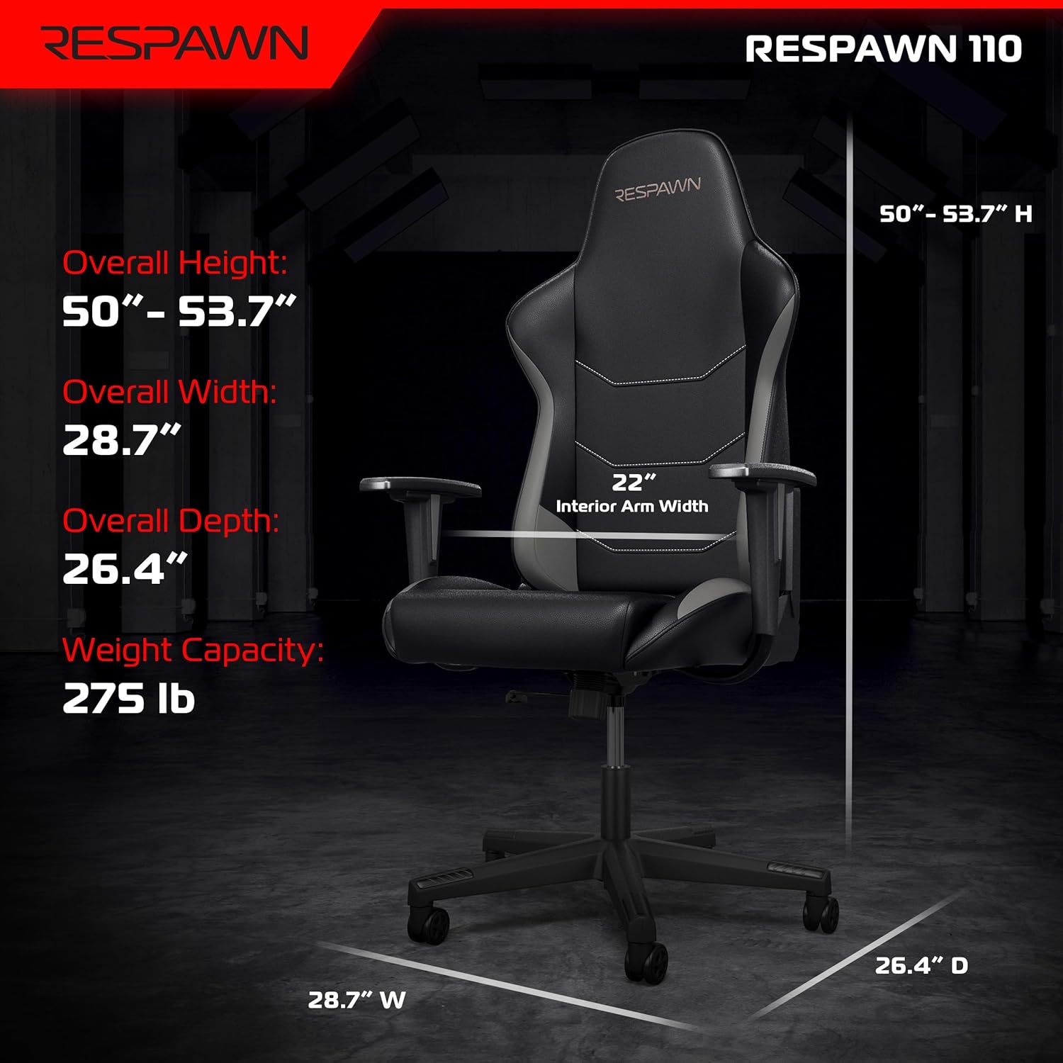 Respawn 110 Ergonomic Gaming Chair - Reclining Office Video Game Swivel Chair with Lumbar Support, Headrest, Heavy Duty, High Back, Racing Style Gaming Recliner Seat for Computer Gamer - Gray Grey