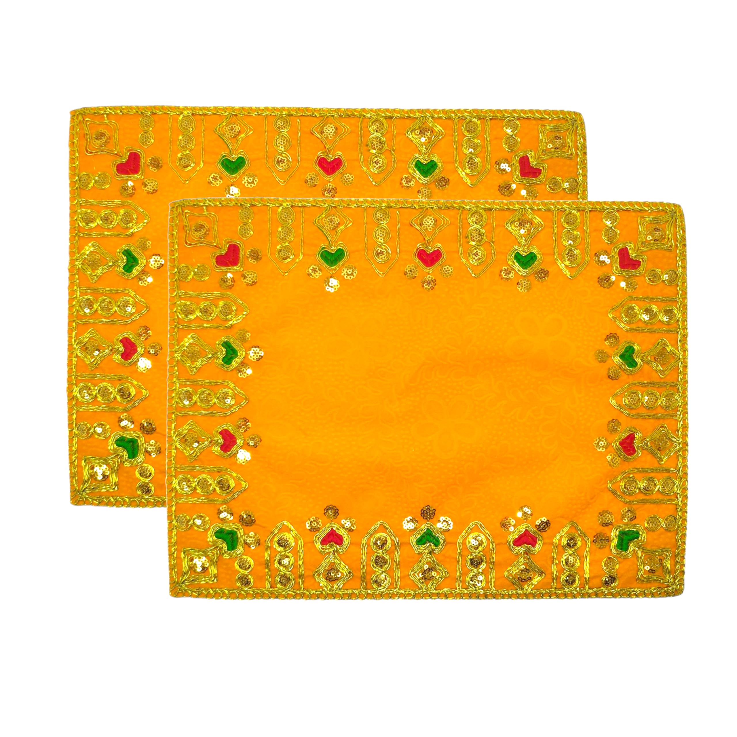 Achleshwar Designer Velvet Embroidered Pooja Aasan Cloth 10x16 inch Yellow | Chowki Aasan for God Idol | Mandir Table Altar Cover for Temple, Puja Shelf, Diwali Decoration Pack 0f 2