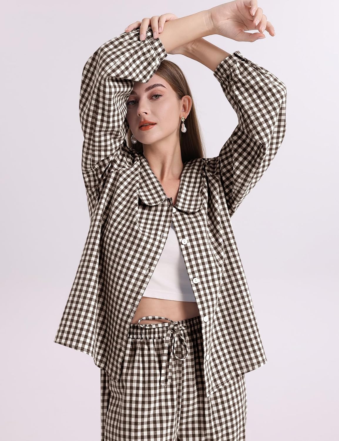COZYPOIN Womens Gingham Pajama Sets Scalloped Collar Cotton Plaid Button Down Long Sleeve Shirt and Pants Y2K Lounge Set - Image 4