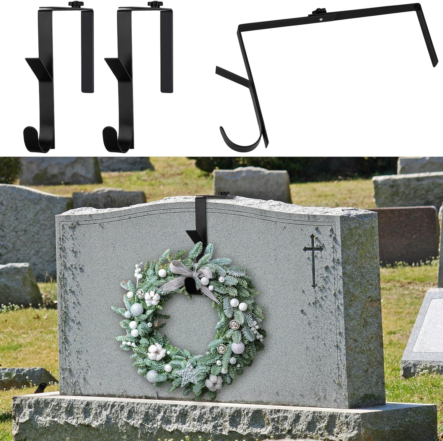 Blulu 2 Pcs Christmas Headstone Adjustable Wreath Hanger Metal Single Hook Black