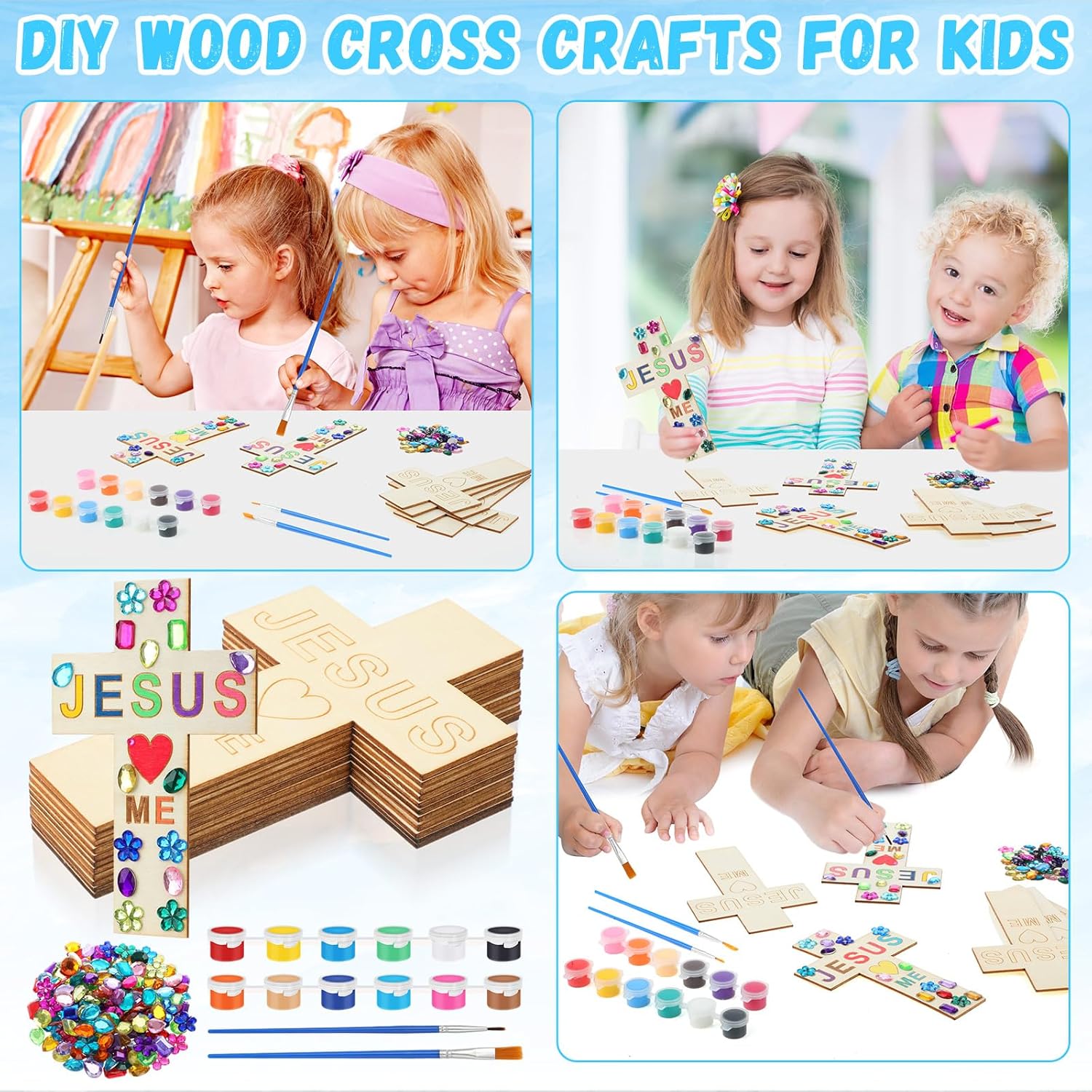 Blueweenly 60 Pcs DIY Wood Cross Crafts for Kids Sunday School Vacation Bible School Supplies Jesus Love Me Religious Christian Craft with Stickers Paint Unfinished Cross Gift for Church