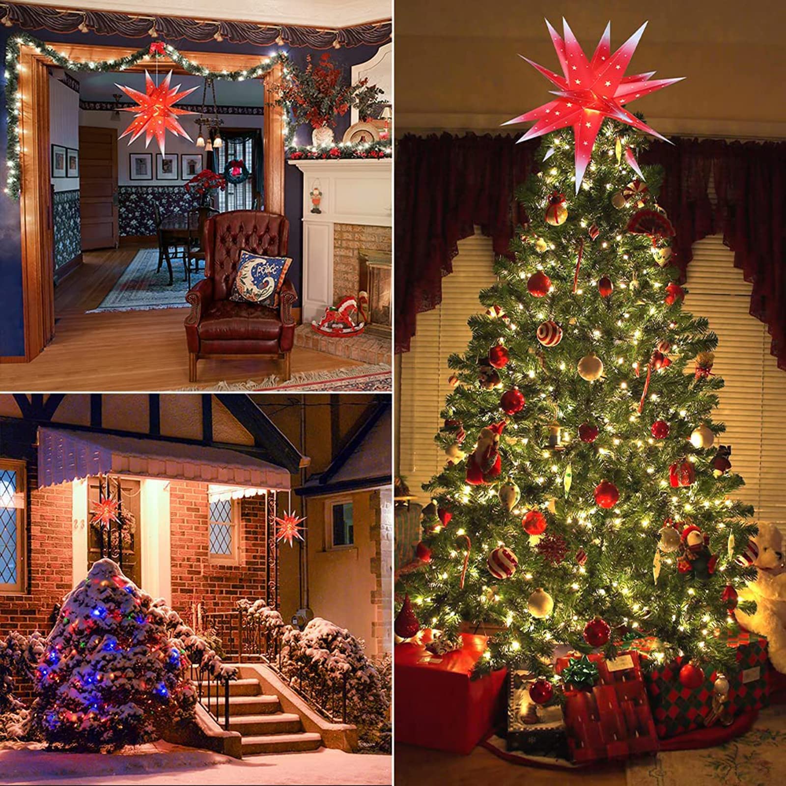 Puntale per albero di Natale, lanterna a stella in PVC da 45 cm, stringa di luci a forma di stella a 18 punte con lampadina, decorazione a forma di ciondolo appeso a forma di stella scavata per intern